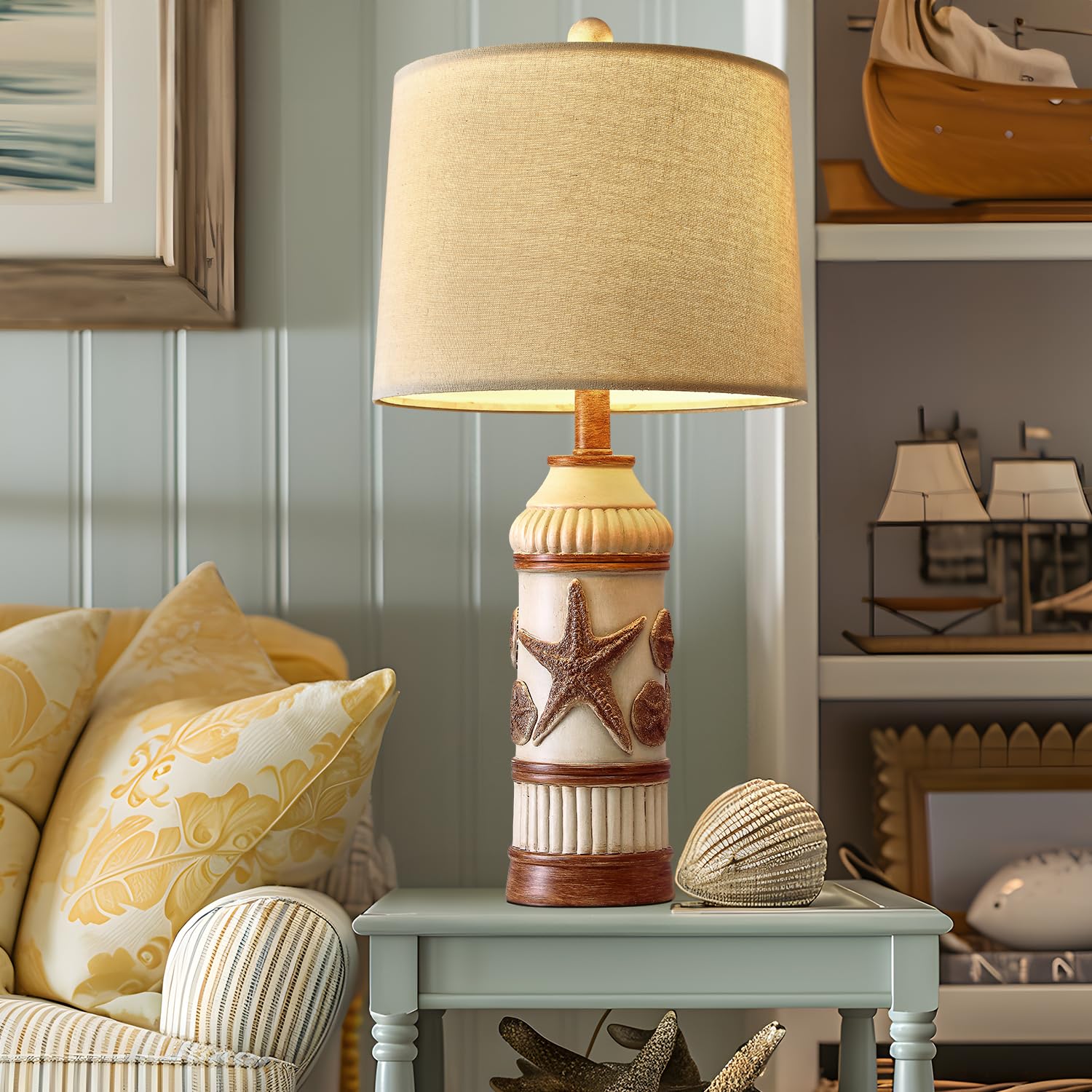 OYEARS 24" Boho Table Lamp - Coastal Nautical Design, Off White, Vintage Retro Style for Bedroom & Living Room Decor