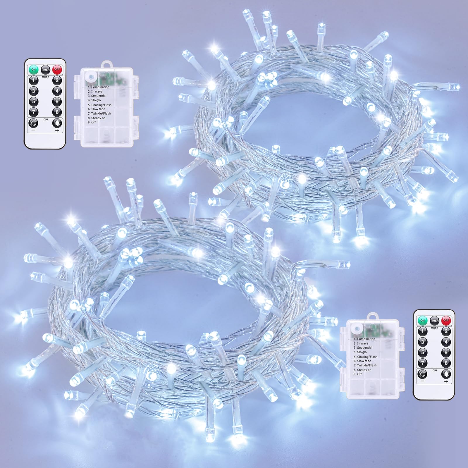 QITONG 2 Pack Battery Operated Christmas Lights, Each 33ft 100 LED String Lights Outdoor Waterproof with Remote, 8 Modes Clear W