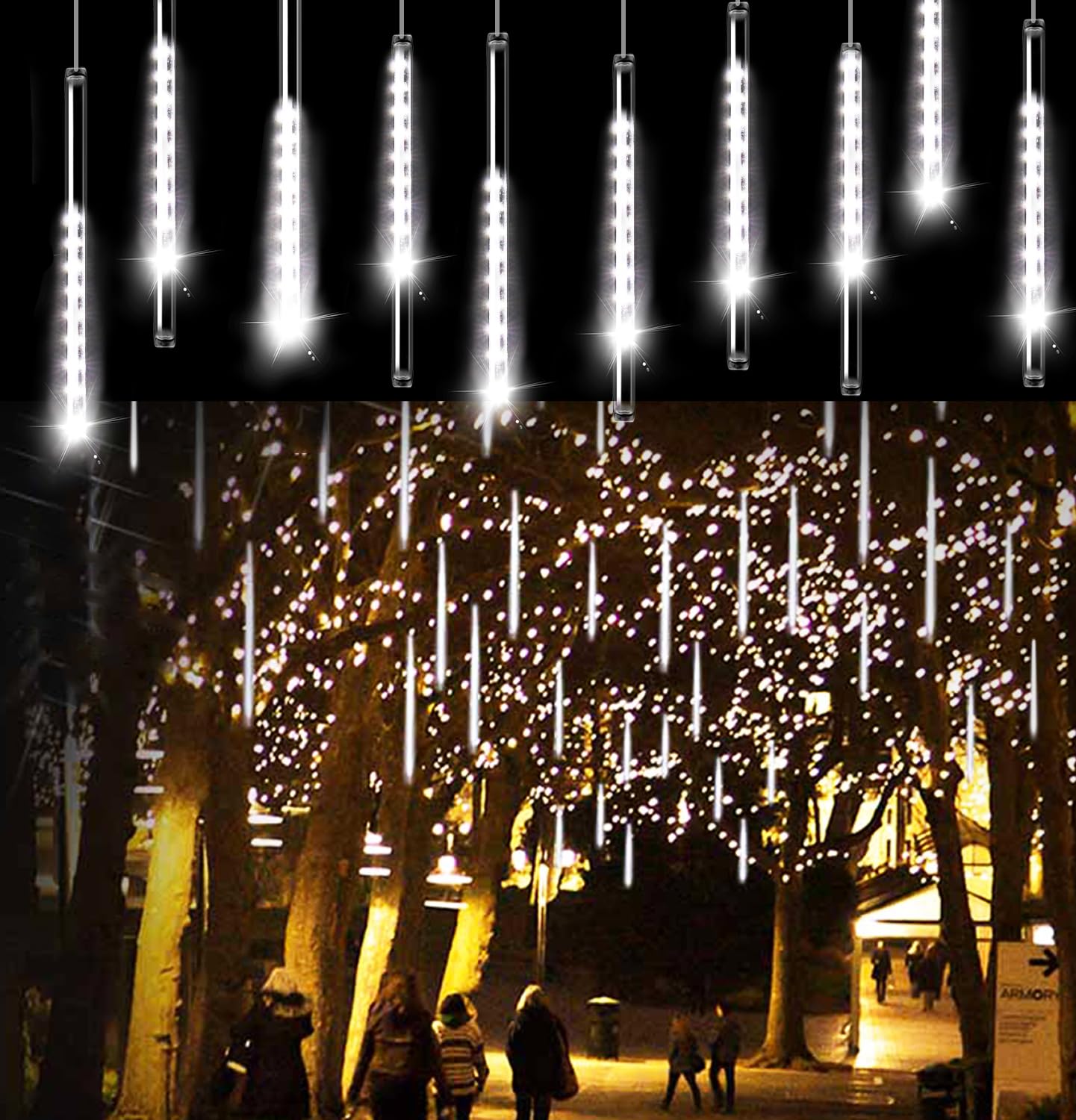Aluan Christmas Meteor Shower Rain Lights, 10 Tubes, 360 LEDs, Waterproof, 16 Inch, Warm White, Model GP-SW070DC0857-IP44(US) A