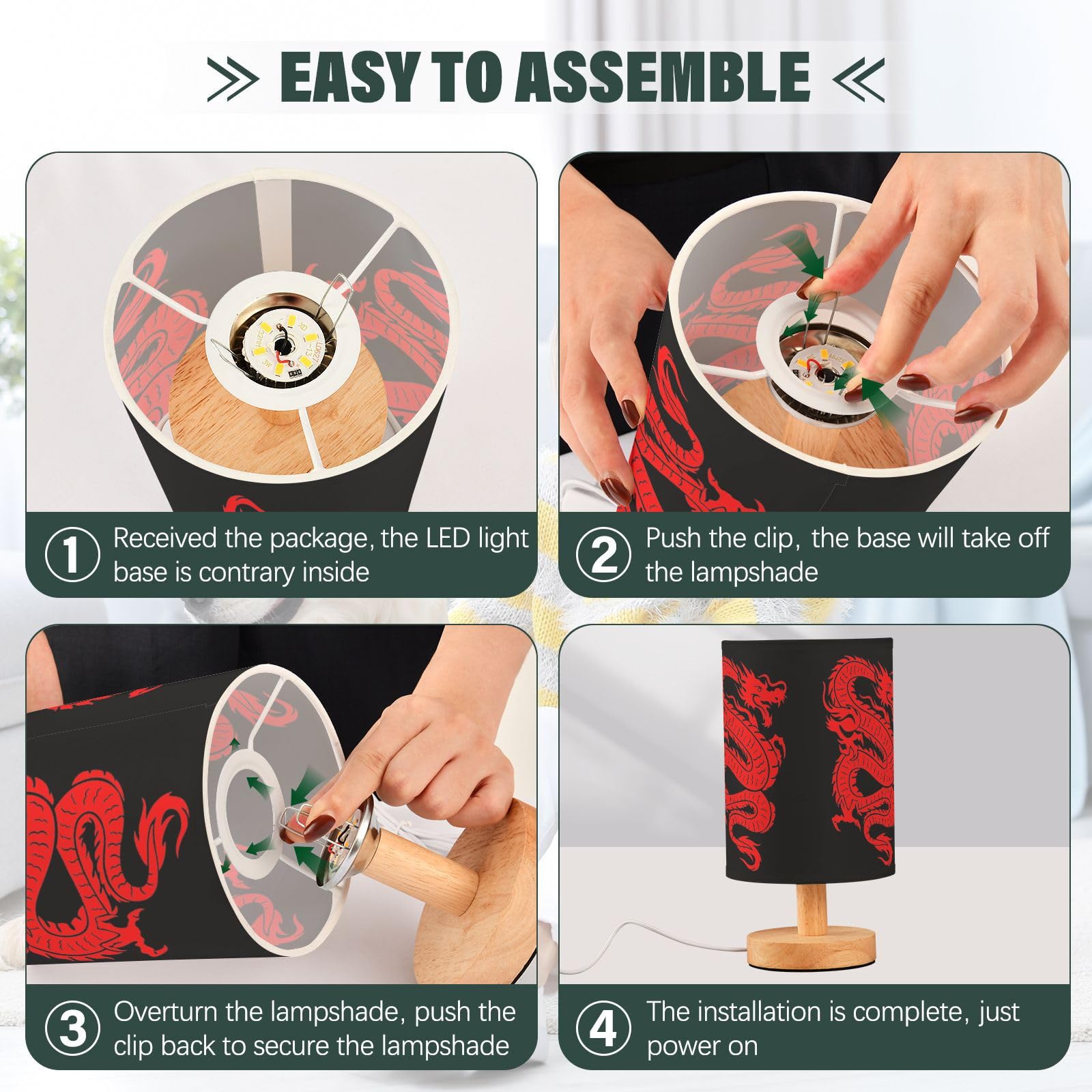 Yyzzh Table Lamp Red Chinese Dragon On Black Nightstand Lamp With Wood Base Fabric Lamp Shade Bedside Desk Lamp For Living Room