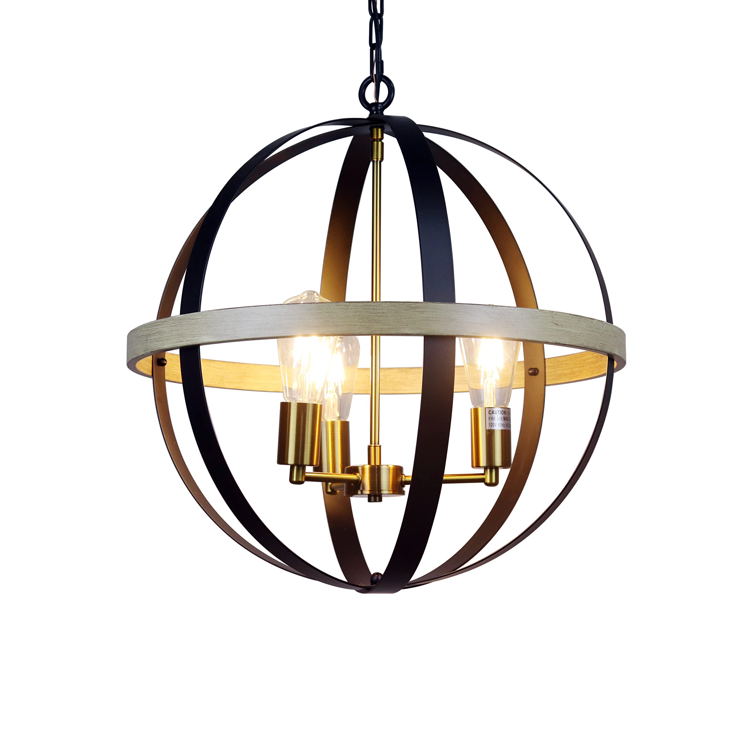 Chloe Lighting 3 Light Pendant, Farmhouse Style, 20in Wide, Matt Black/Brass/Wood, Model CH6H812TT20-UP3