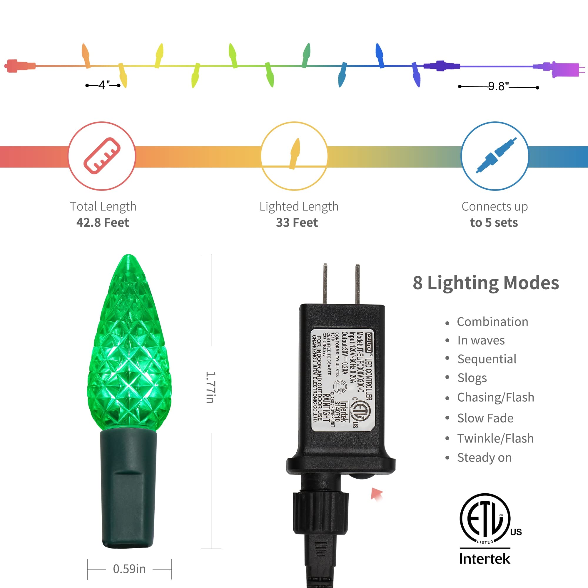 Waterglide C6 Christmas Lights, 33Ft 100 Led Faceted String Lights Green Wire Fairy Lights With 29V Safe Adaptor, 8 Lighting Mod