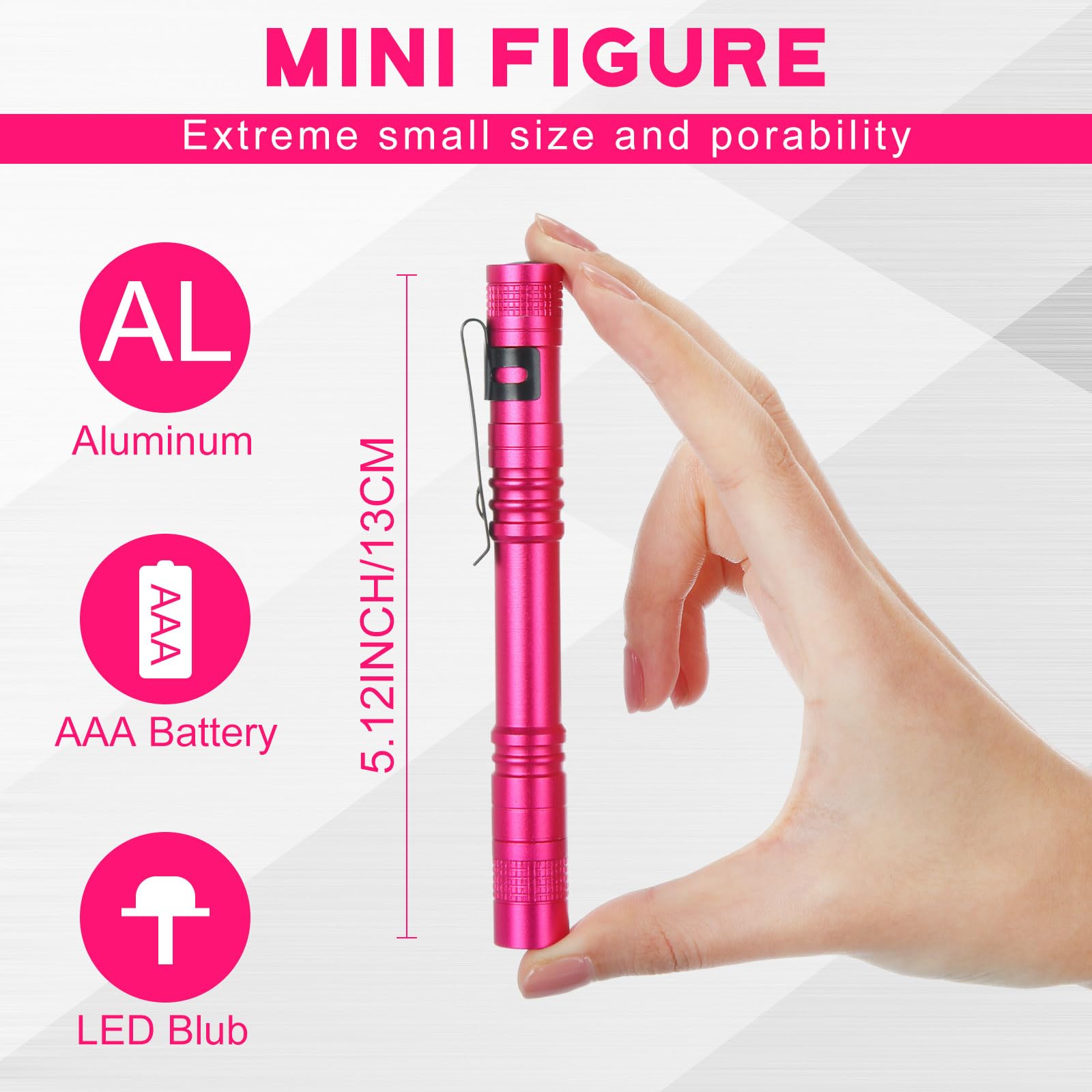 Hortsun Mini Pen Light Flashlights, 5.12 Inch, Aluminum, Rose Pink, Pack of 20, Portable LED Torches with Clip