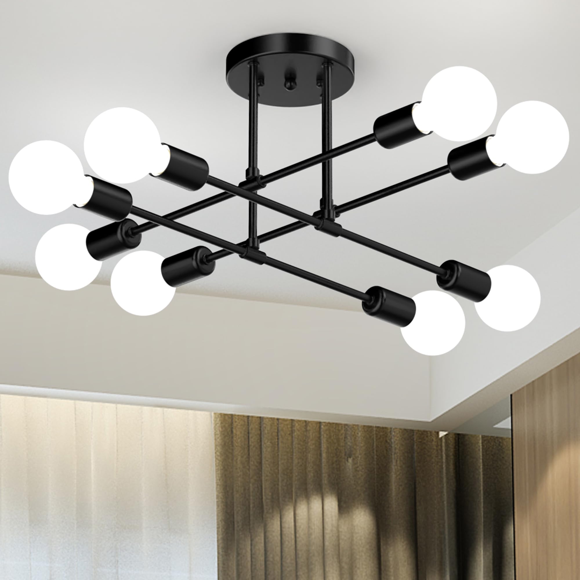 Phaosio Modern Sputnik Chandelier Ceiling Light Fixtures, 8-Lights Mid Century Industrial Metal Semi Flush Mount For Dining Room