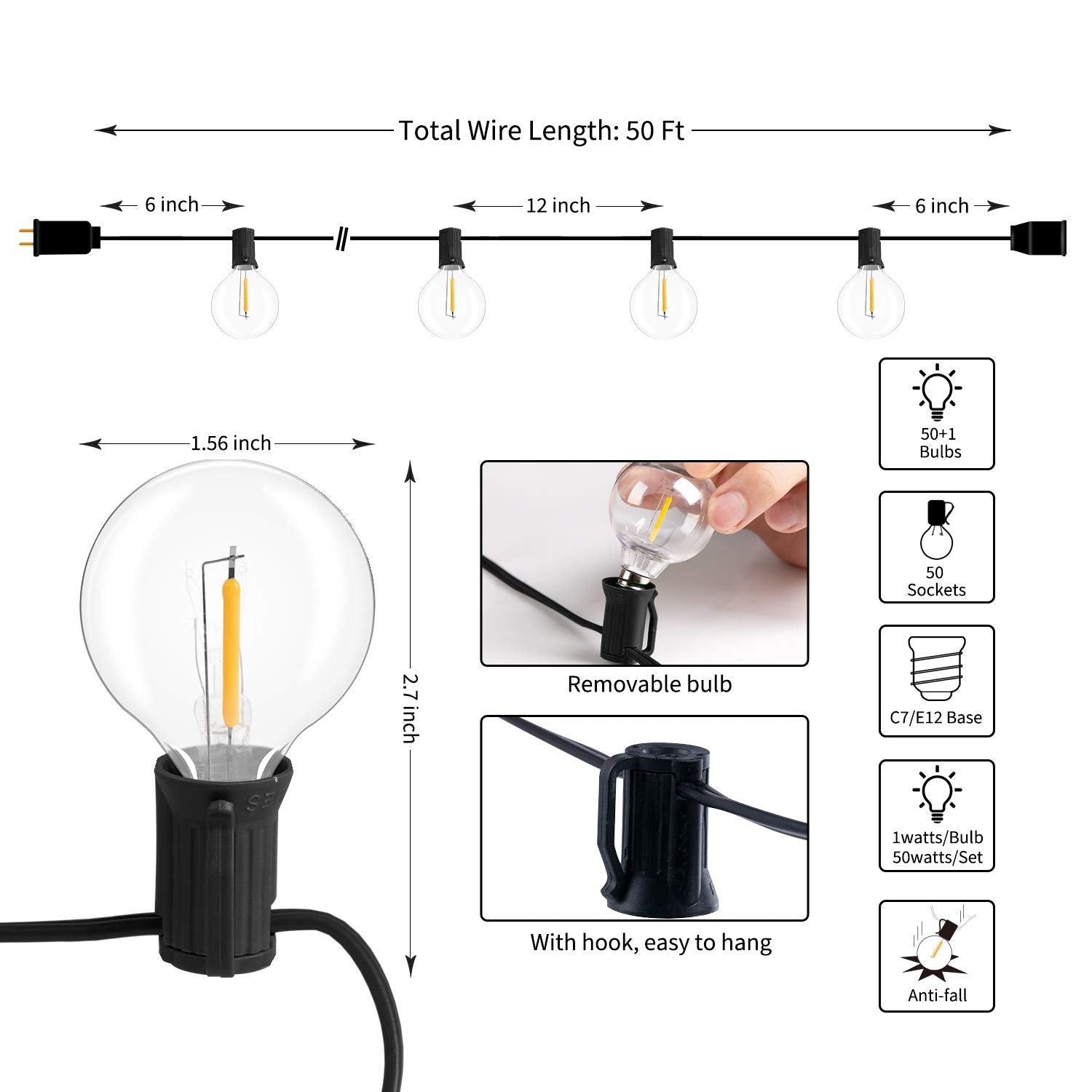 Outdoor String Lights Hanging Globe Patio Lights With 50 G40 Shatterproof Bulbs(2 Spare), Ip44 Waterproof Connectable Commercial