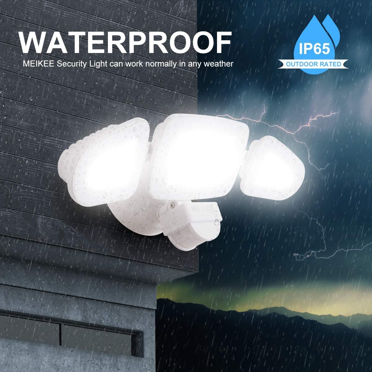 Meikee 42W Led Motion Sensor Flood Light, 3600Lm, 6500K, Ip65 Waterproof, White, 3 Adjustable Heads For Garage, Yard, Garden