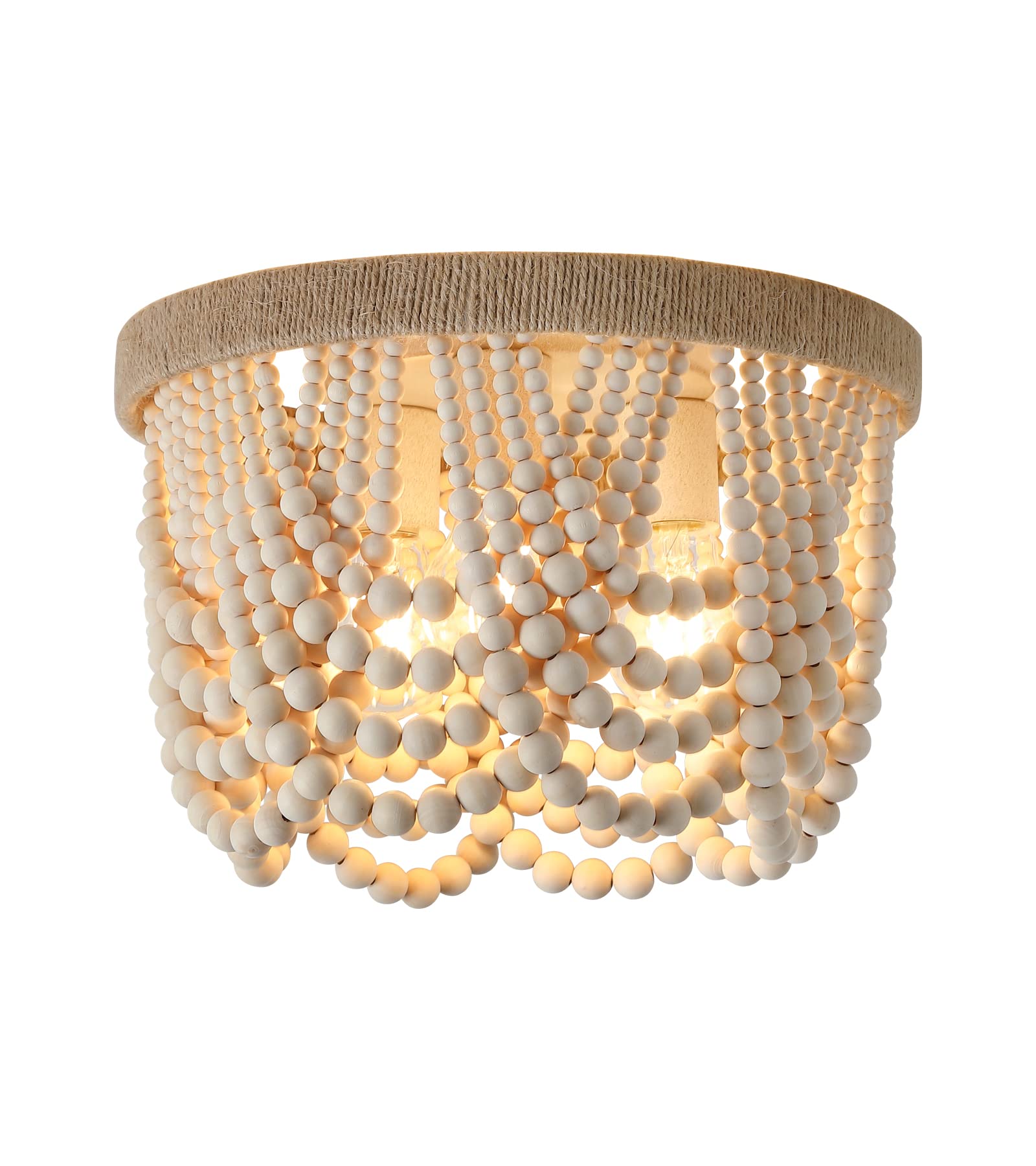 AMZASA Wood Beaded Flush Mount Ceiling Light, 3-Lights, Hemp Rope, Rustic Boho Chandelier for Bedroom, Hallway, Kitchen, Living Room
