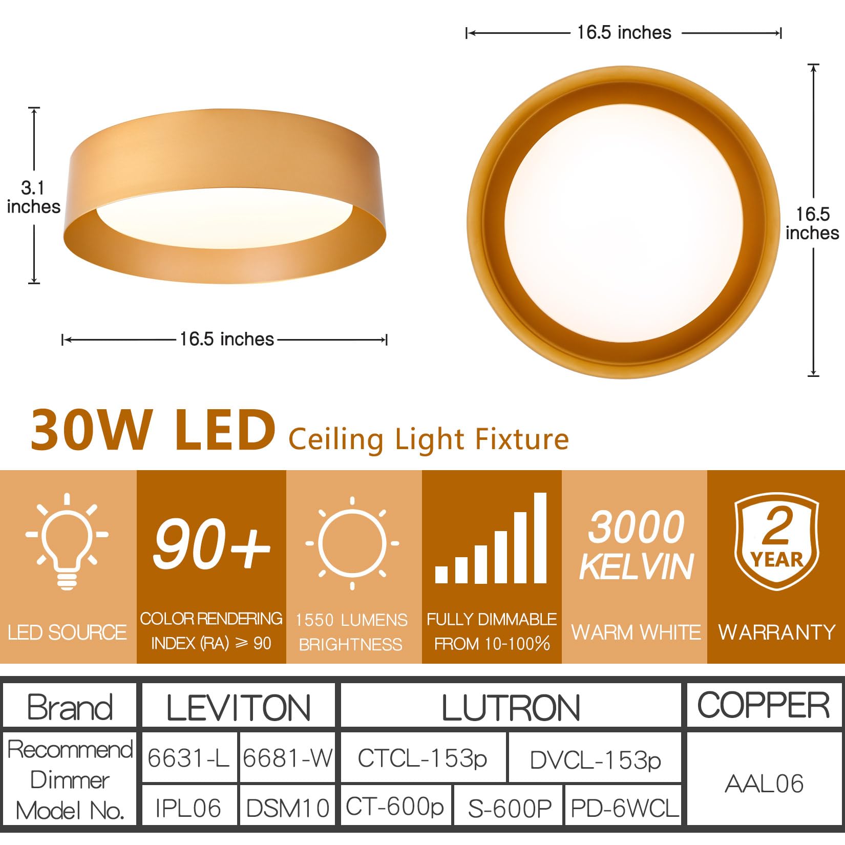 Bargeni Flush Mount Ceiling Light, 16.5 Inch Led Ceiling Light Fixture, Polished Gold Finish, Dimmable/3000K/18W, Outdoor Flush