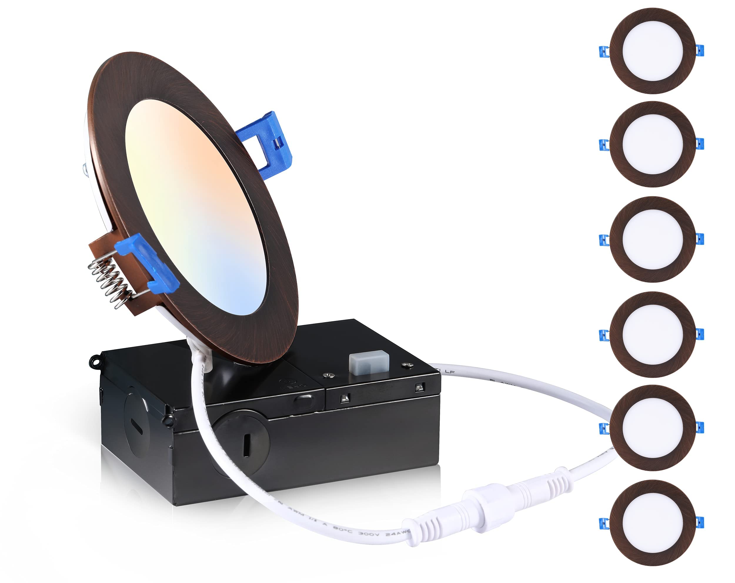 Cloudy Bay Ultra Thin Led Recessed Ceiling Light,4 Inch 3000K/ 4000K/ 5000K,Dimmable 10W Cri90+,Canless Light With Junction Box,Ic Rated, Canless Wafer Downlight,Oil Rubbed Bronze,Damp Rated,6 Pack