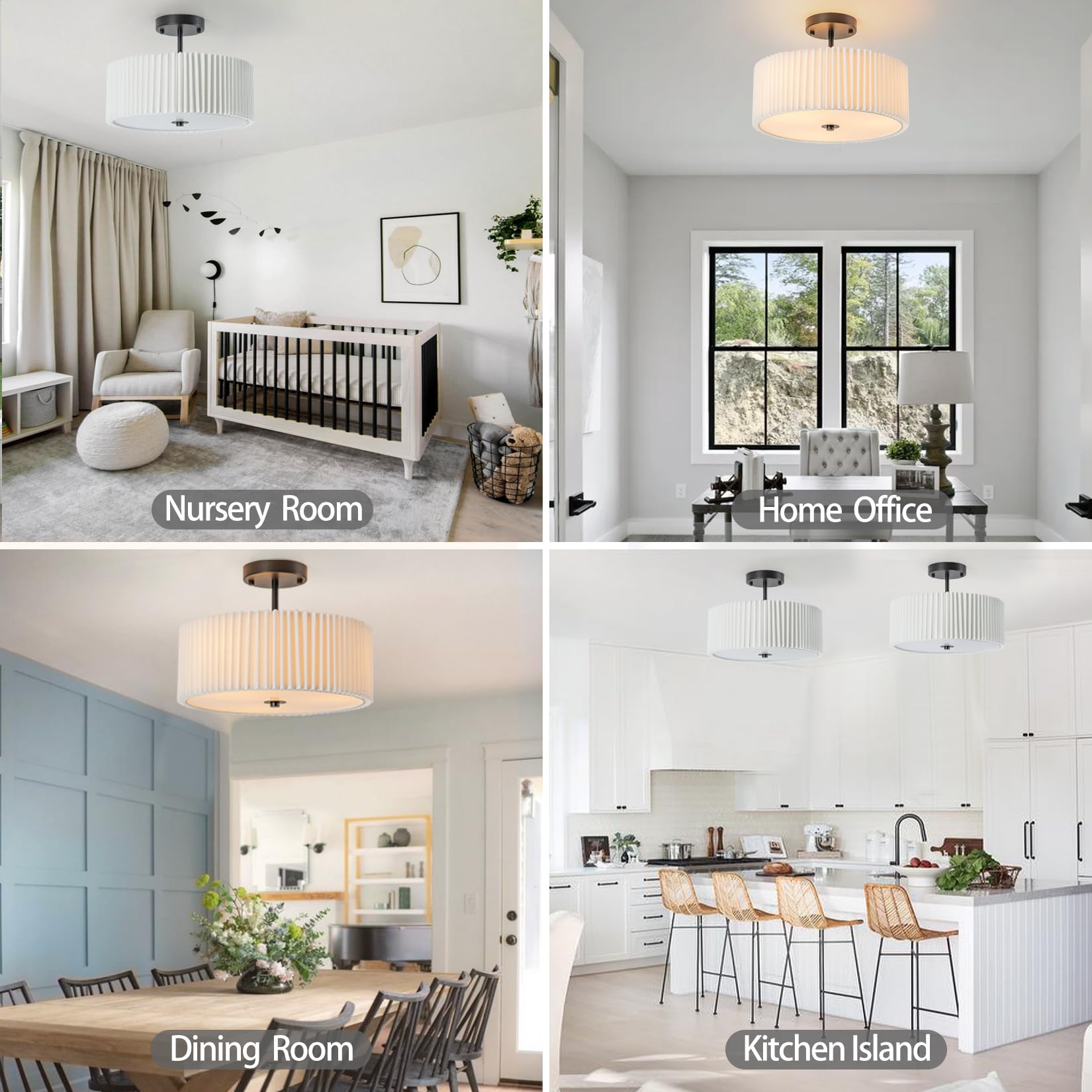 Bargeni Semi Flush Mount Ceiling Light,12.5 Inch Ceiling Light Fixture,Black Flush Mount Light Fixture With Pleated Fabric Drum