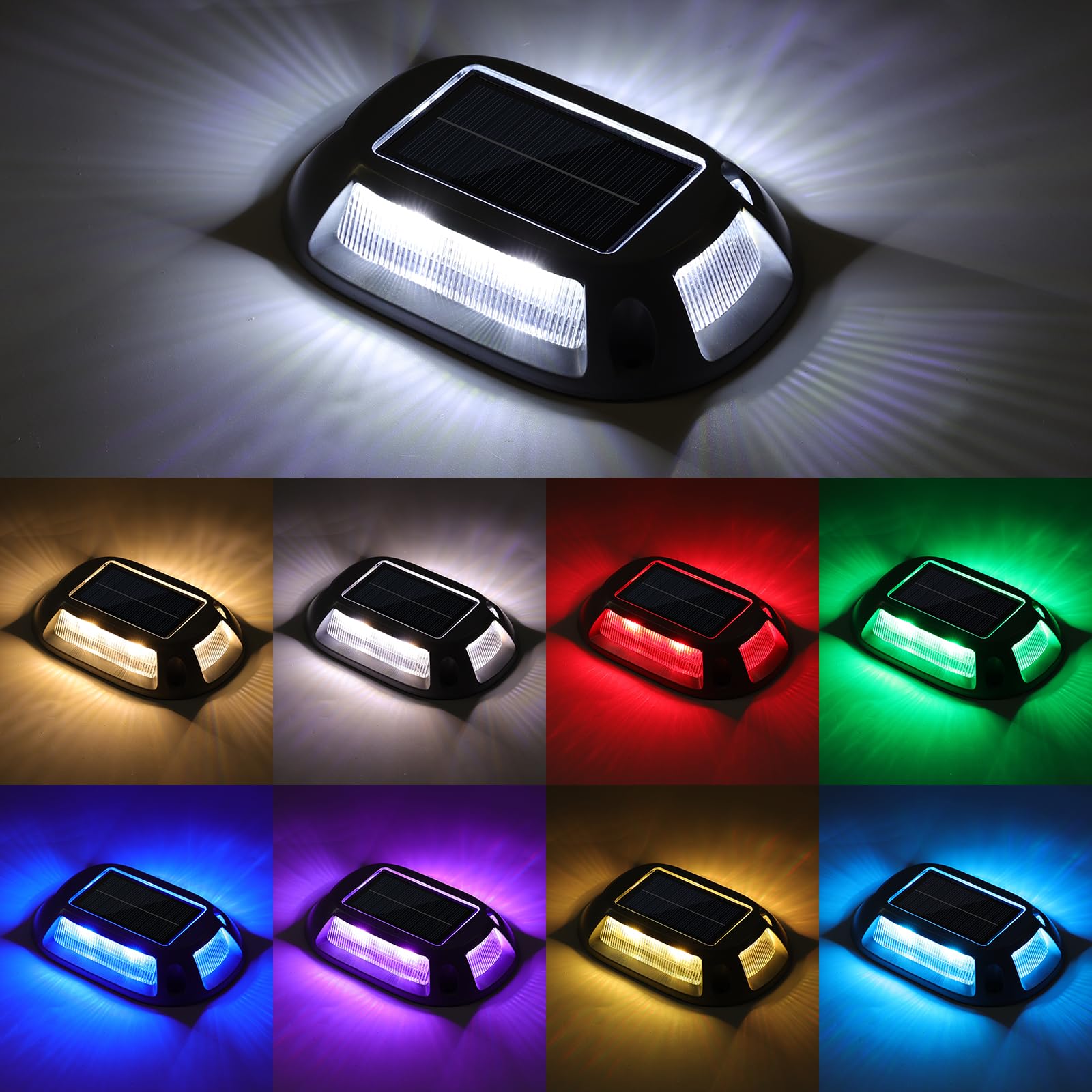 VOLISUN Solar Driveway Lights Dock Deck Lights 8 Pack 9 Colors in 1 Led IP67 Waterproof Outdoor Warning Step Light for Driveway Sidewalk Pathway RGB