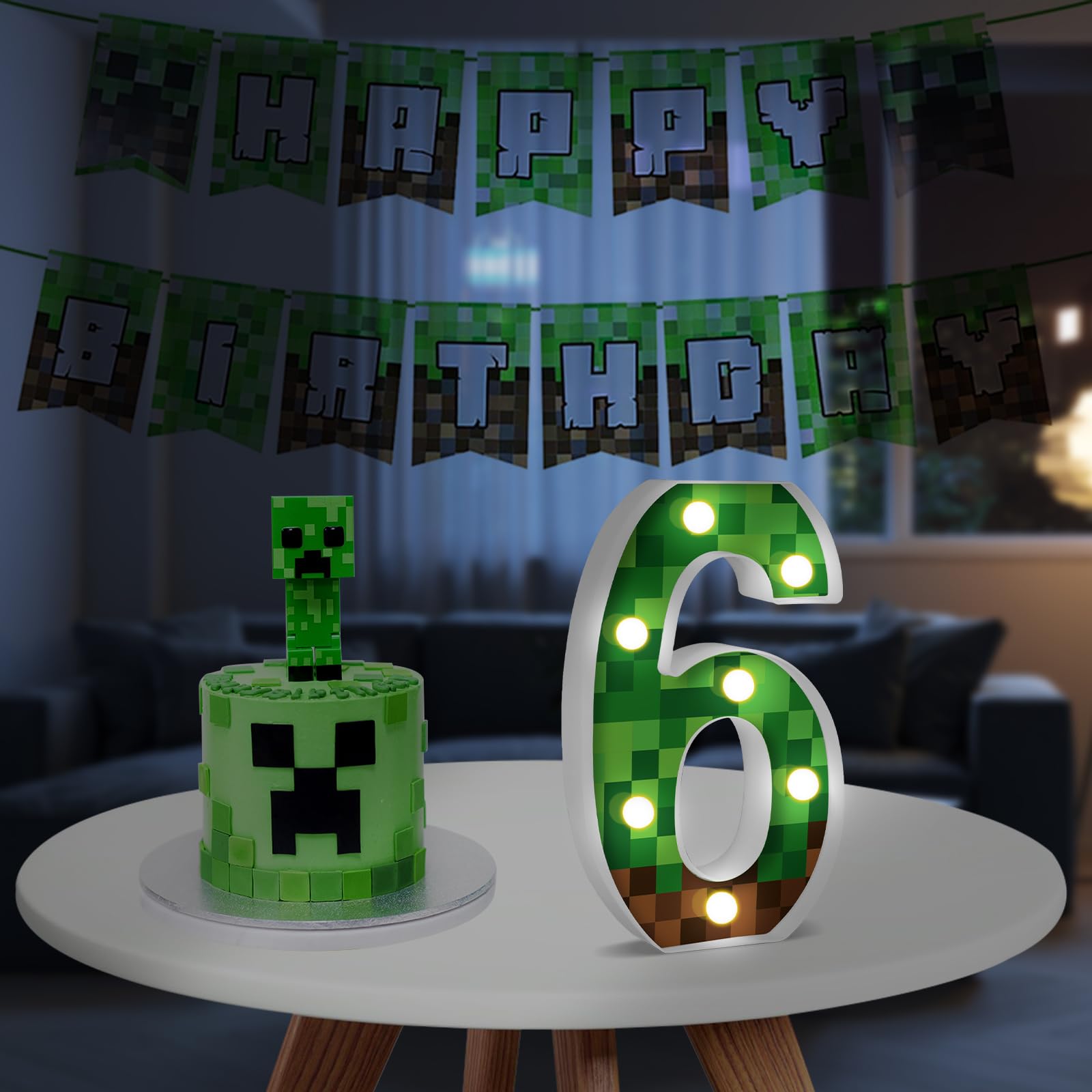 AXBMM Pixel Game Birthday Decorations Light Up Sign, Number 6, Green/Brown, PP Plastic, LED, Model XY-371
