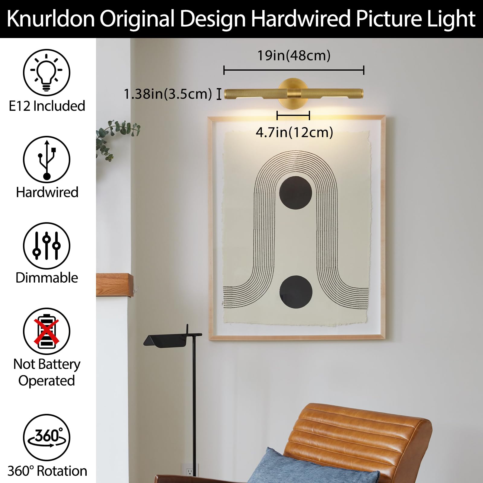 Knurldon Hardwired Picture Light, 19'' Knurled Brass Wall Sconces, Rotatable 360 Picture Lights For Wall, Wall Art Gold Sconces