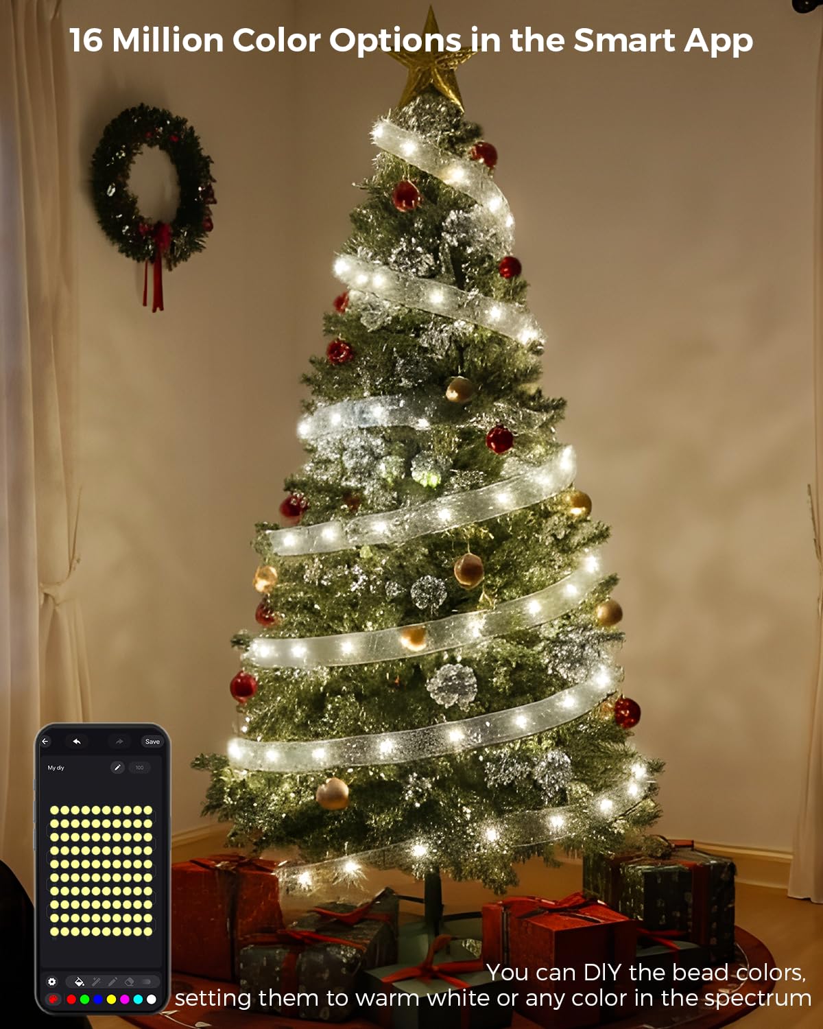Bravedream 33Ft Smart Christmas Ribbon Lights  Color Changing Lighted Ribbon  100 Leds  80 Modes  App & Remote Control  Music Sync  Timer  Usb Powered  Extendable Via App For Tall Xmas Tree  Golden