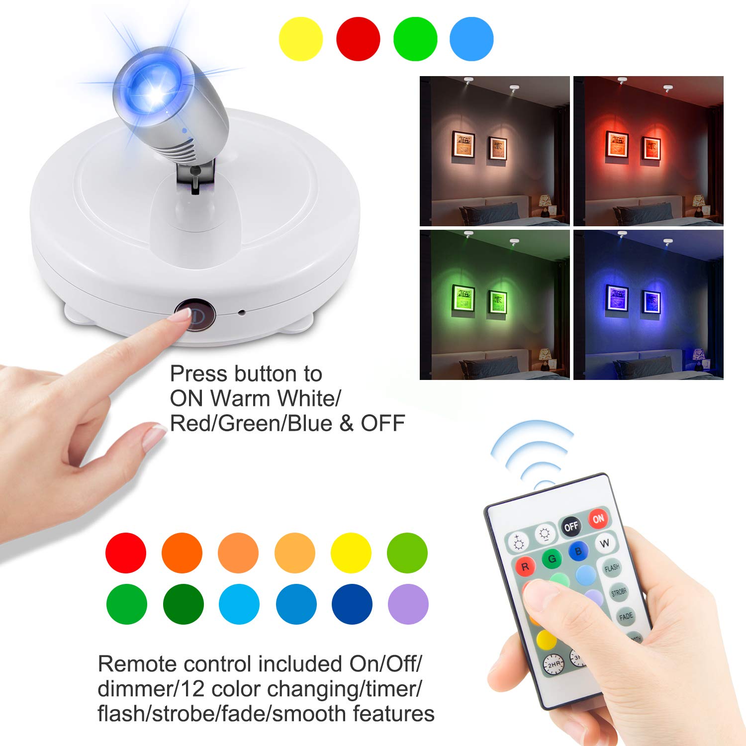 BIGMONAT Cordless Spotlight RGB Picture Light with Remote, Dimmable LED, Battery Powered, White+Silver, Model 624IR12C