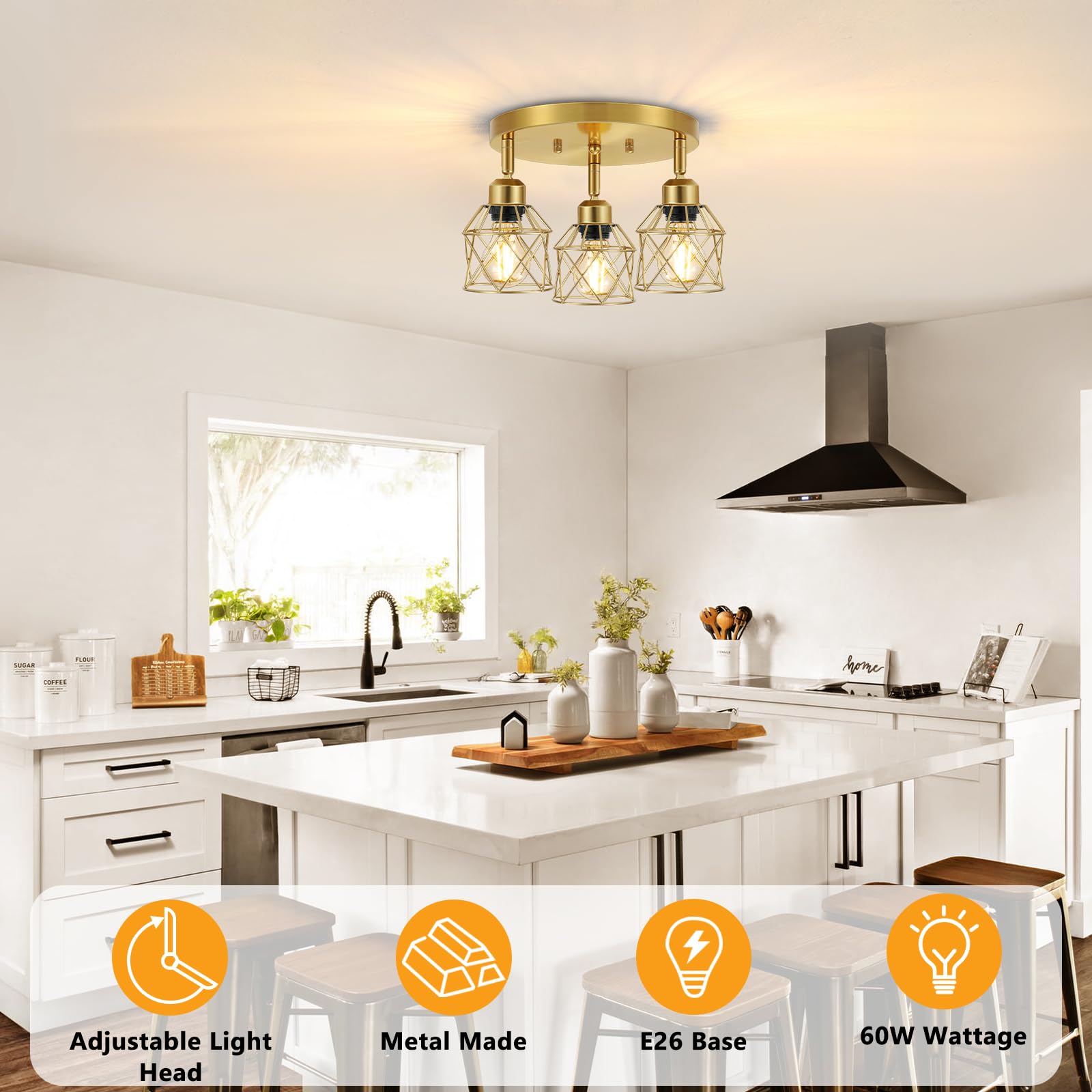 Baocuz 3-Light Brushed Gold Kitchen Light Fixture, Metal Cage Ceiling Light for Farmhouse, Hallway, Dining Room, Entryway