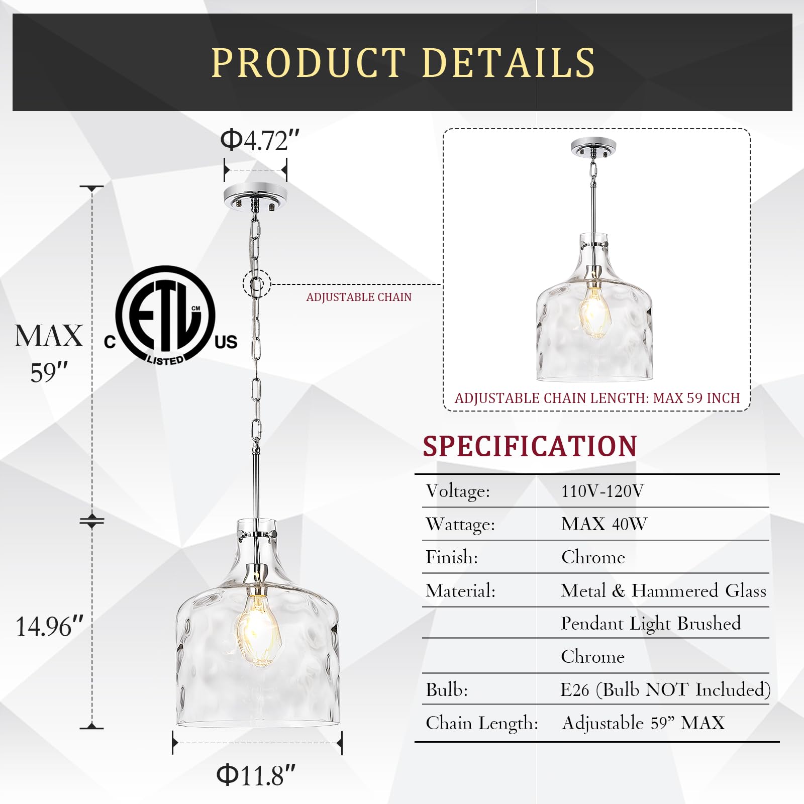 Glass Pendant Light Vintage Farmhouse Pendant Lighting With Handblown Clear Hammered Glass Shade, Adjustable Chain Ceiling Light