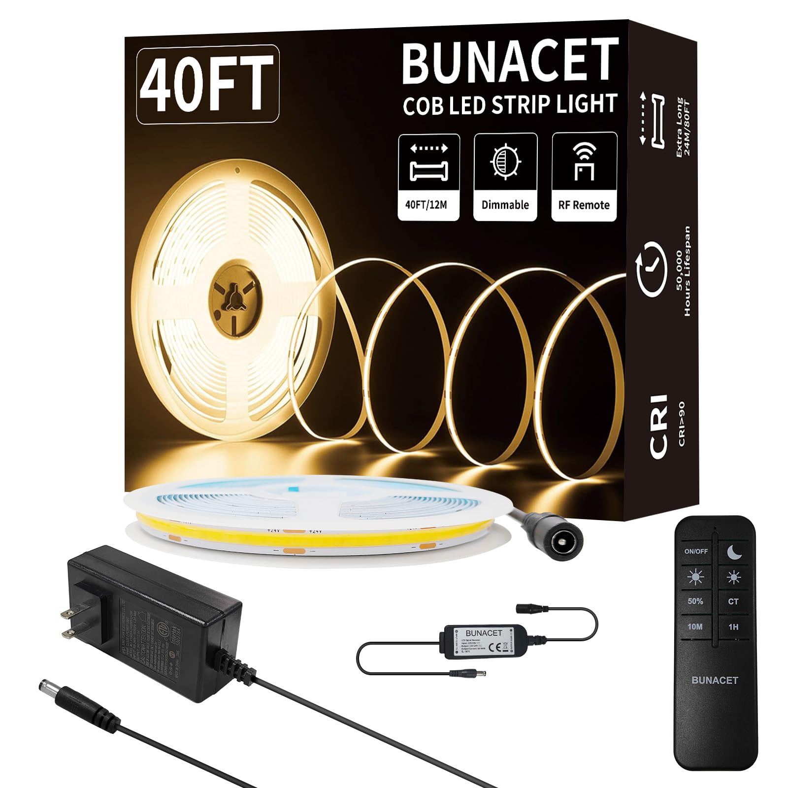 BUNACET COB LED Strip Light 40ft Warm White 3000K High Lumen CRI 90+ with RF Remote and UL Listed Power Adapter