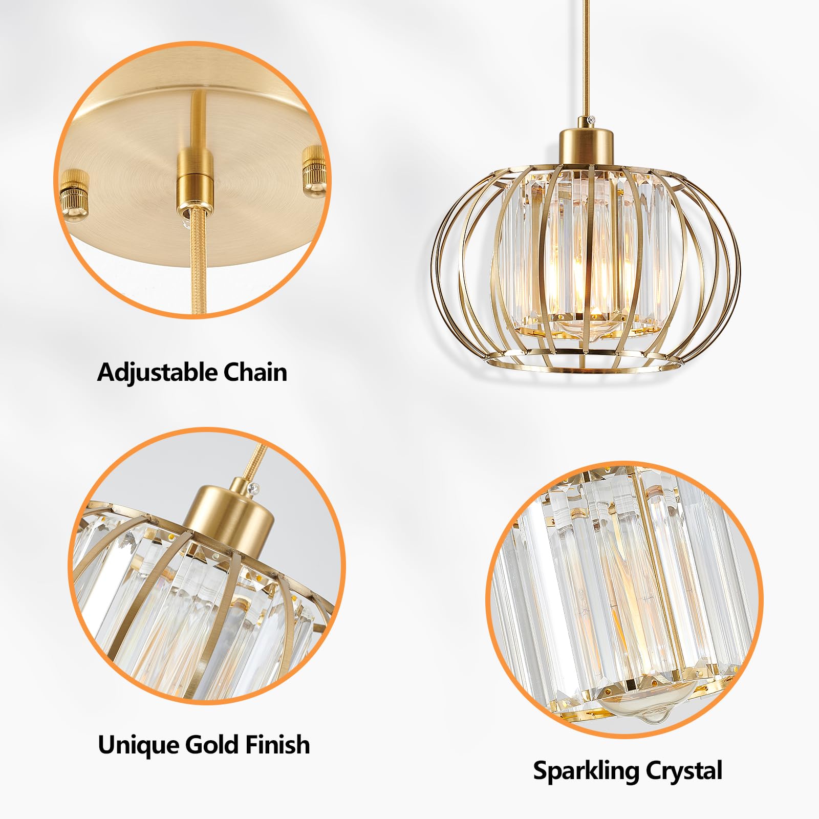 Xsdetu Gold Pendant Light Fixture, Modern Crystal Pendant Lights Kitchen Island, 1-Light Farmhouse Mini Chandelier, Adjustable Brass Hanging Light Fixture For Hallway, Bedroom, Dining Room