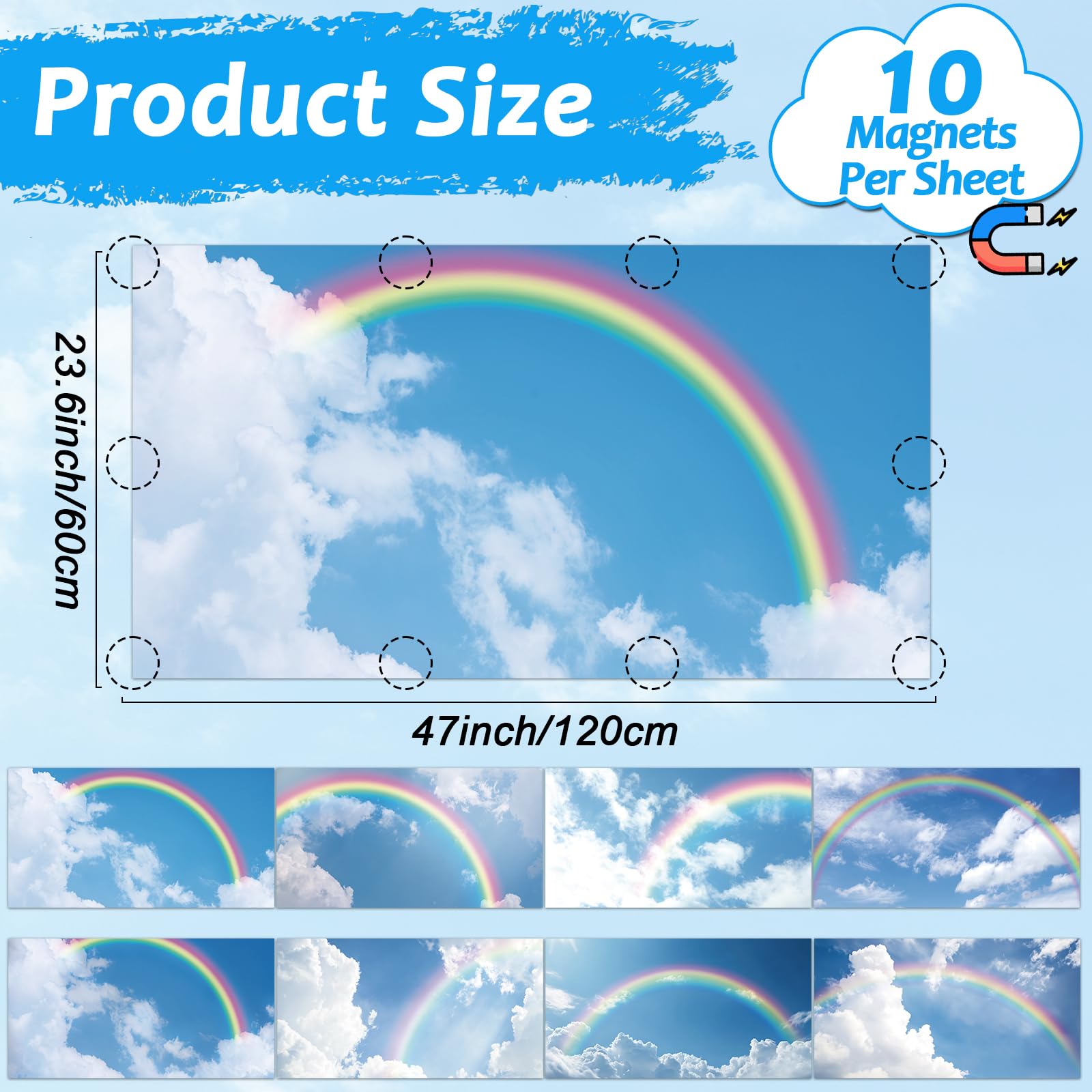 Wiooffen 8 Pcs Fluorescent Light Covers, Rainbow Sky Blue, 4x2 Feet, Polyester, Magnetic Installation for Classroom and Office