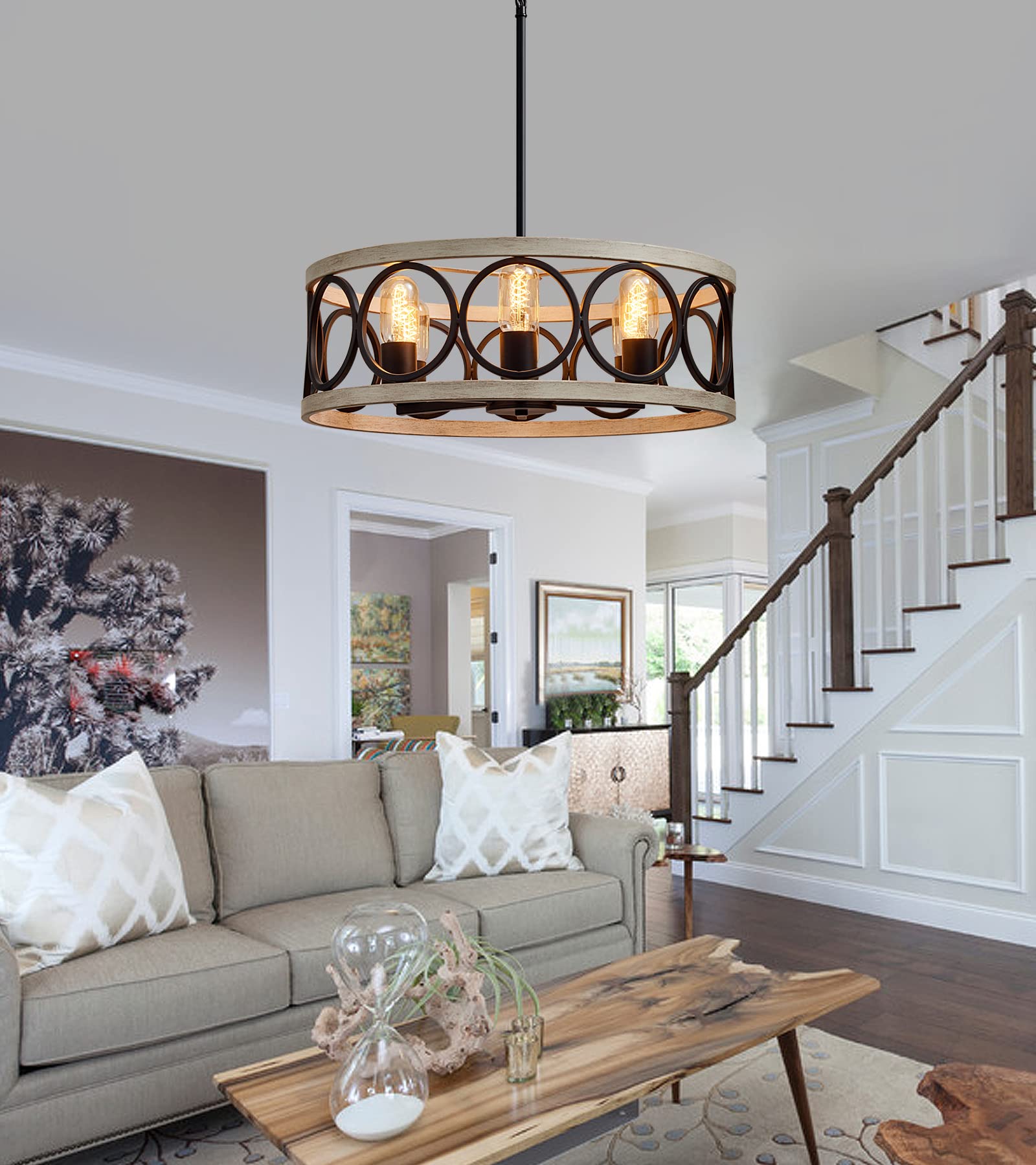 MEIXISUE Modern Farmhouse Drum Chandelier, 6-Lights, Black and White Birch Finish, Rustic Vintage Light Fixture for Kitchen and Dining Room