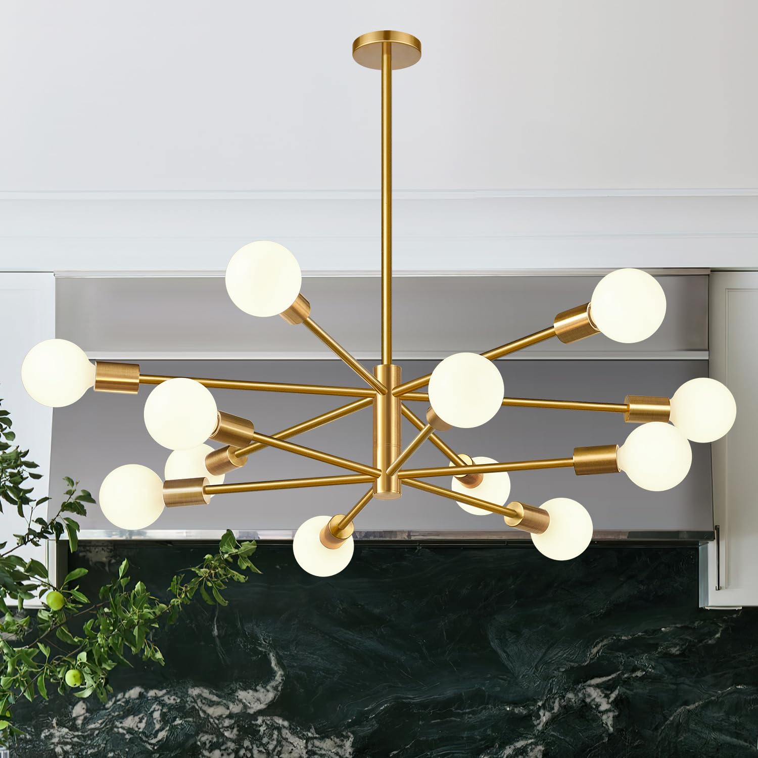 MQMQA 33in Modern Chandelier, 12-Light Sputnik Fixture, Brushed Gold, Height Adjustable, Model L240083P12 for Dining Room, Living Room, Kitchen Island