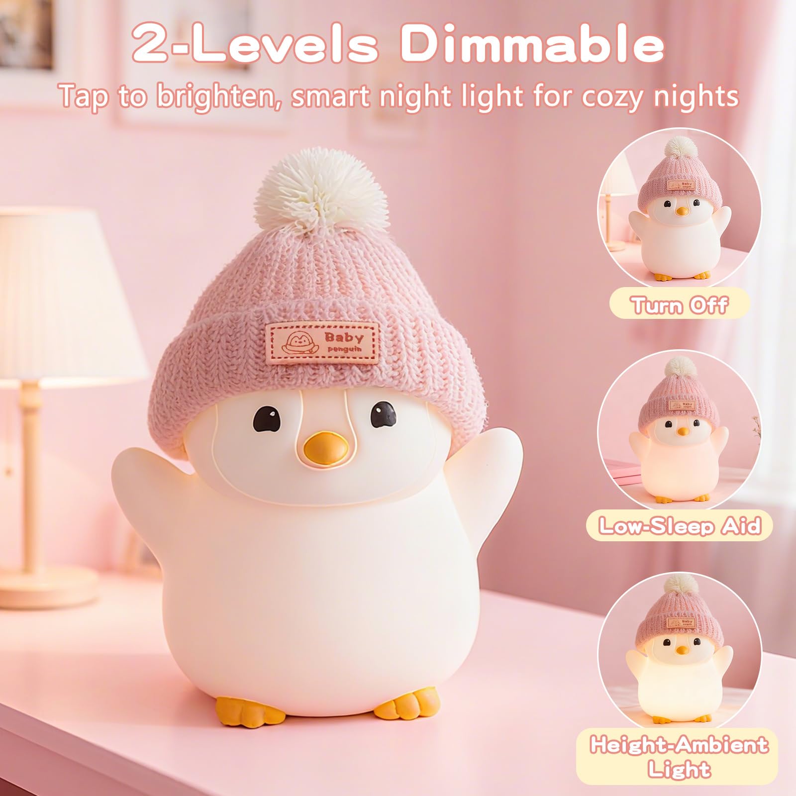 Famiduo Penguin Night Light  Cute Pink Penguin Lamp With Knit Hat  Soft Silicone Nursery Nightlight For Baby  Rechargeable/Dimmable/Timer Led Squishy Novelty Animal Bedside Lamp Funny Gifts For Kids