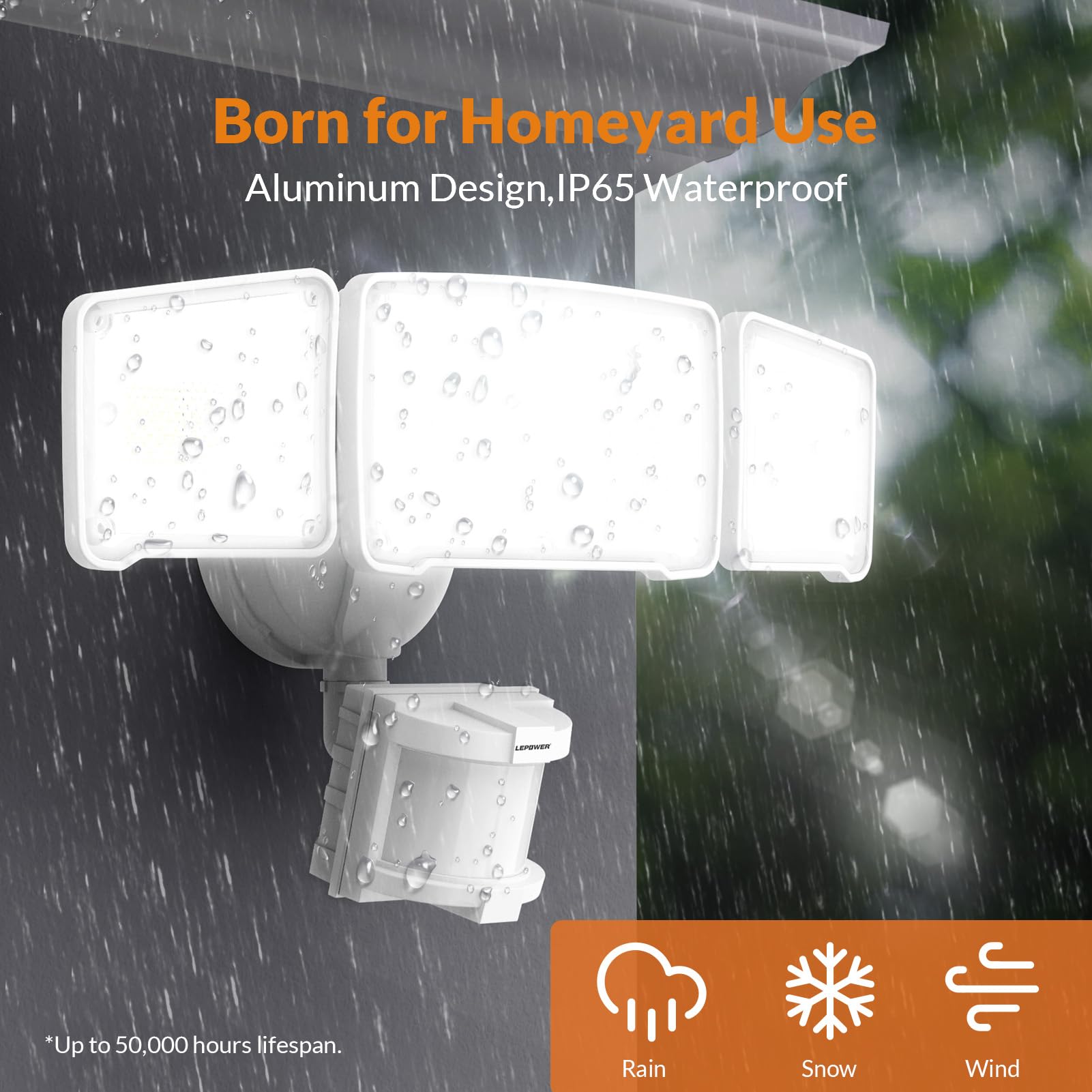 LEPOWER LED Security Light - 38W, 4200LM, Motion Sensor, IP65 Waterproof, 3 Head Flood Light, White, Model YY02A-WH