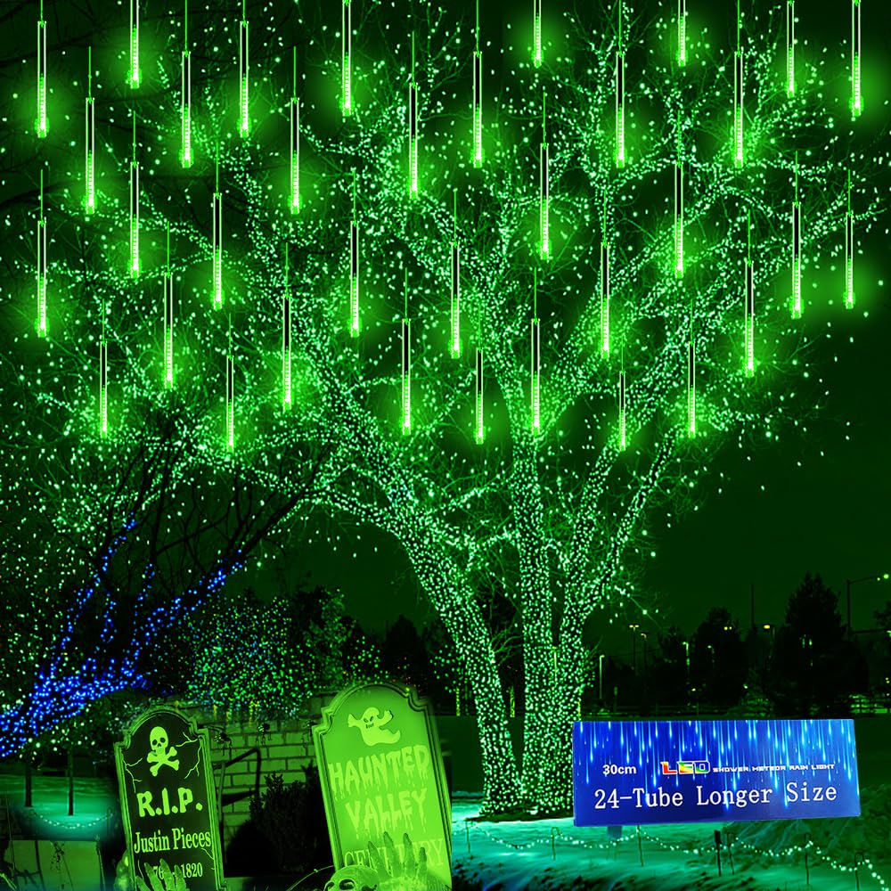 Halloween Lights Outdoor, Kwaiffeo 24 Tubes Meteor Shower Lights(Equivalent To 3 Sets Of 8-Tube)For Halloween Christmas Decorati