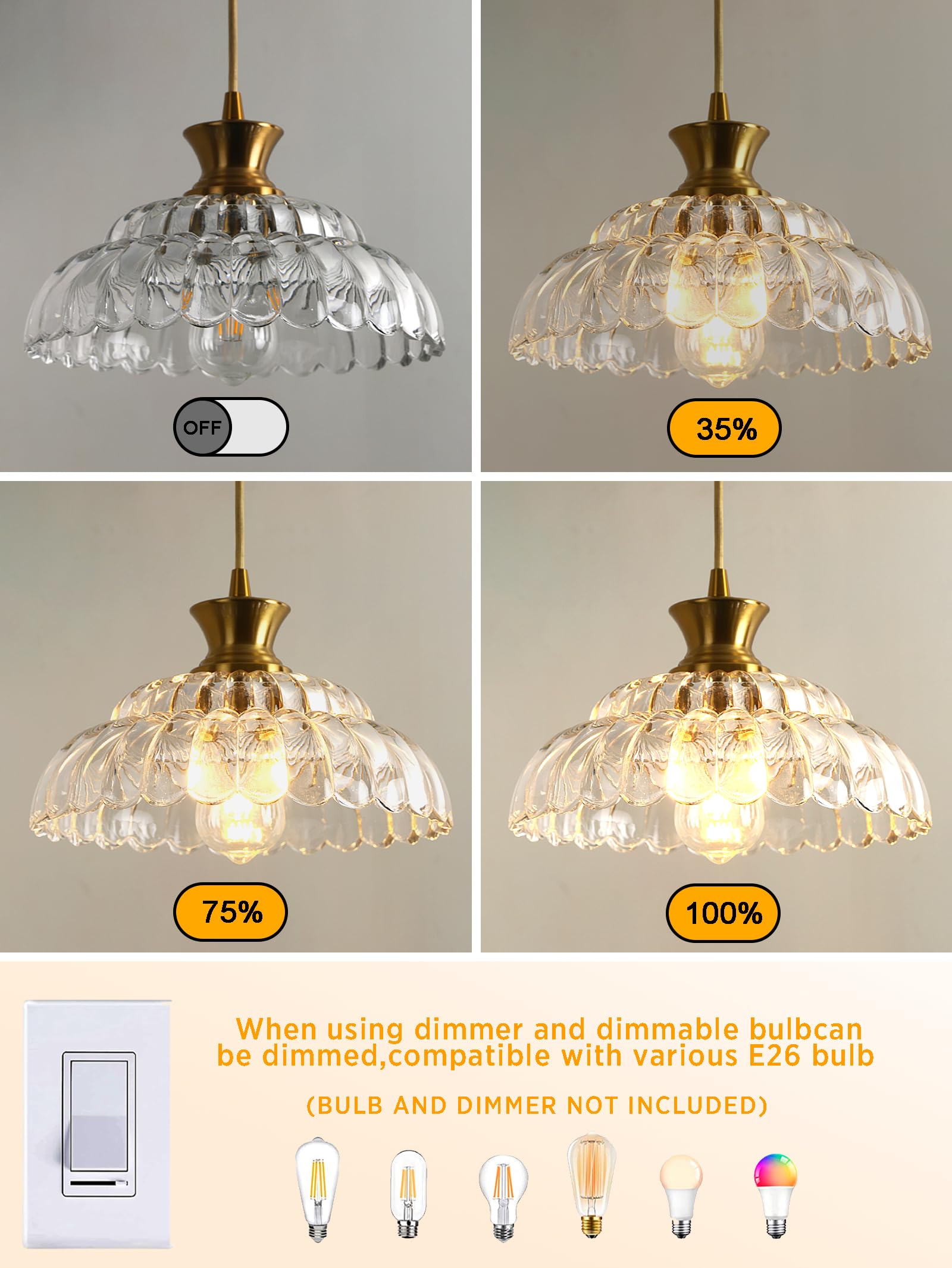 Mgcanyu Glass Pendant Lights Kitchen Island, 11.8'' Vintage Lighting Glass Light Fixtures Brushed Gold Modern Glass Chandelier H