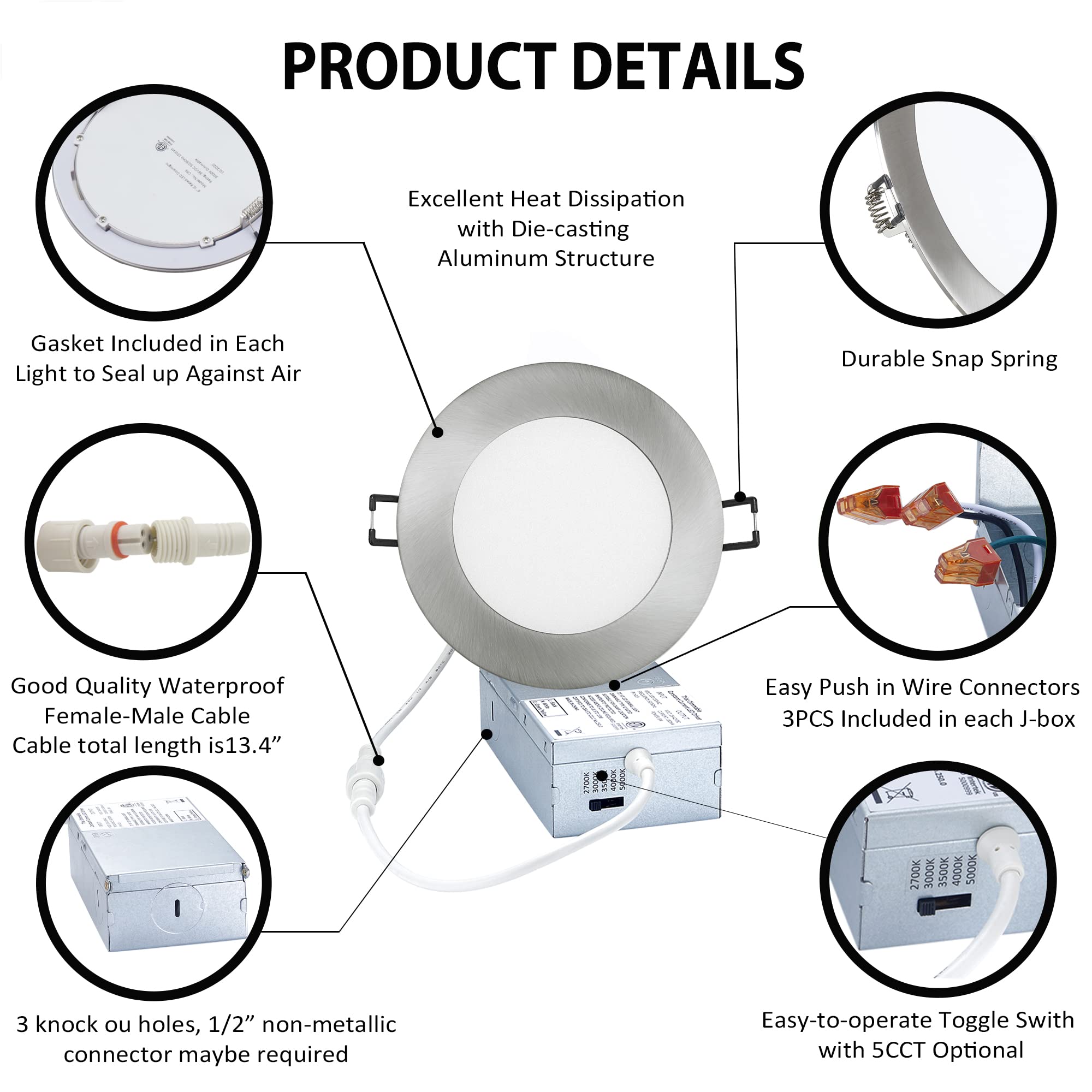 POPANU LED Canless Downlight 4-Inch 5 CCT Dimmable Brushed Nickel, Model: POPANU-4INCH-5CCT, 6 Pack
