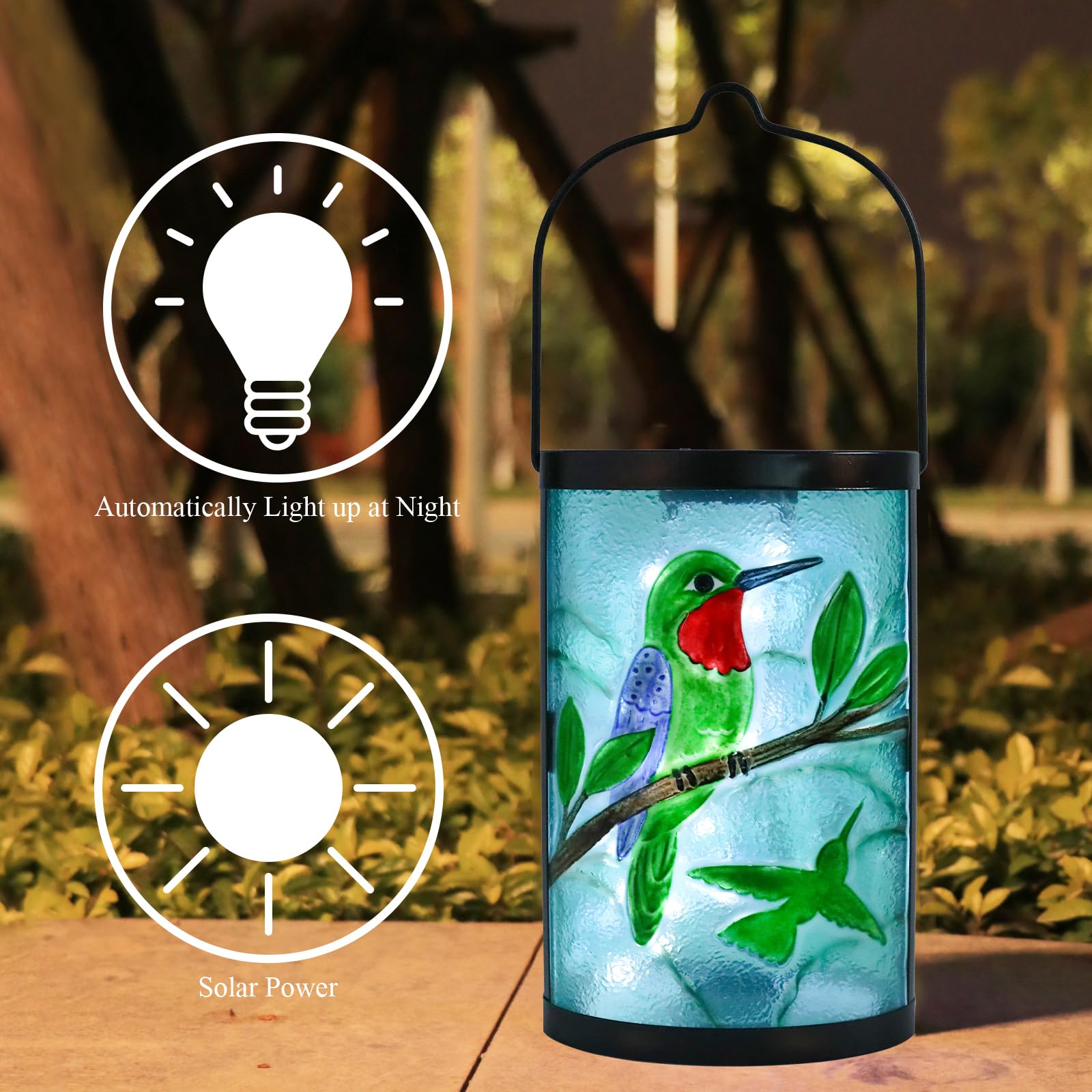 Hanging Solar Lantern Outdoor Waterproof Hummingbird Solar Lights Glass Tabletop Decorative Lamp For Outdoor Patio Garden Outsid