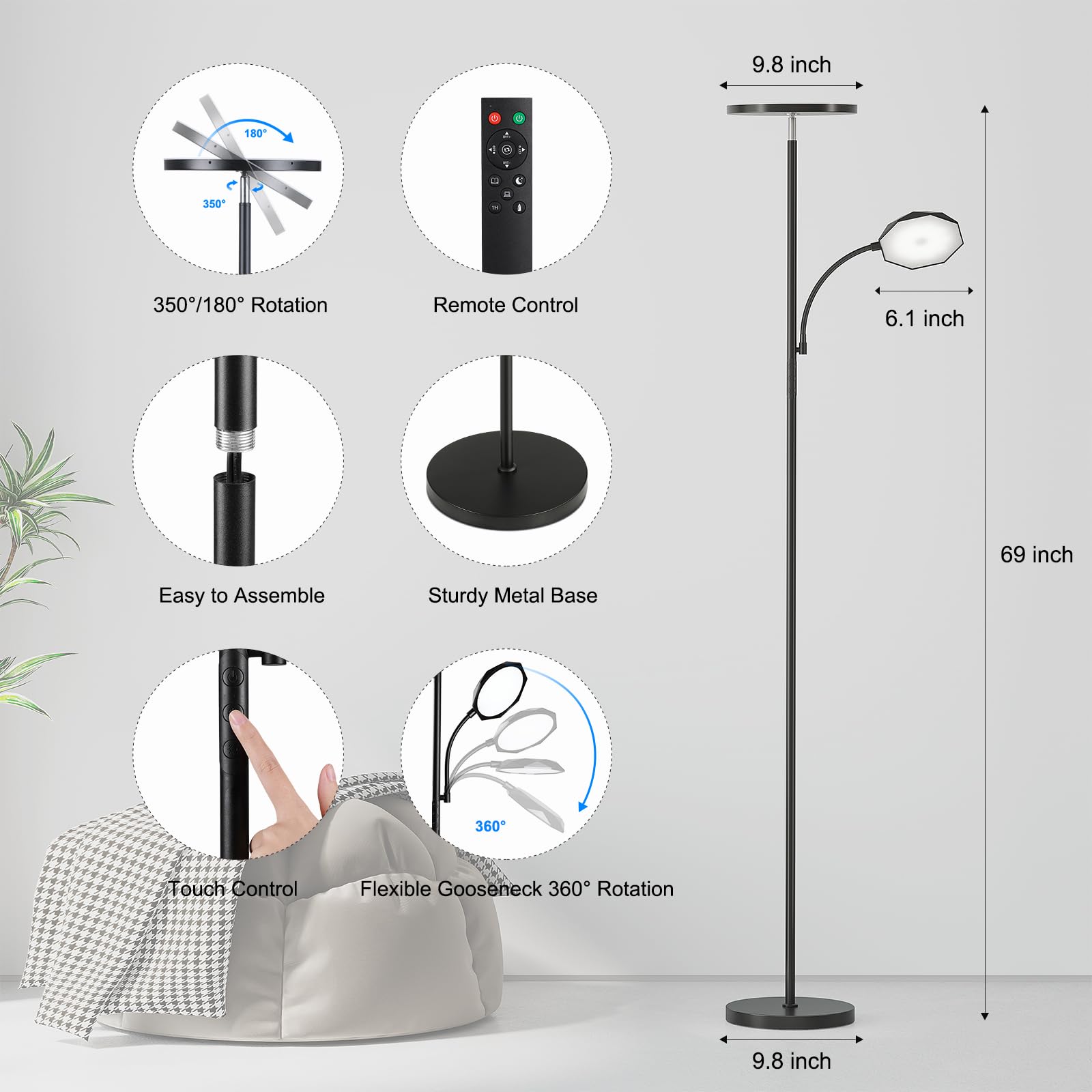 Sunmory Floor Lamps For Living Room, 48W/4200Lm Super Bright Led Floor Lamp With Remote Control, 69'' Tall Standing Lamp With St