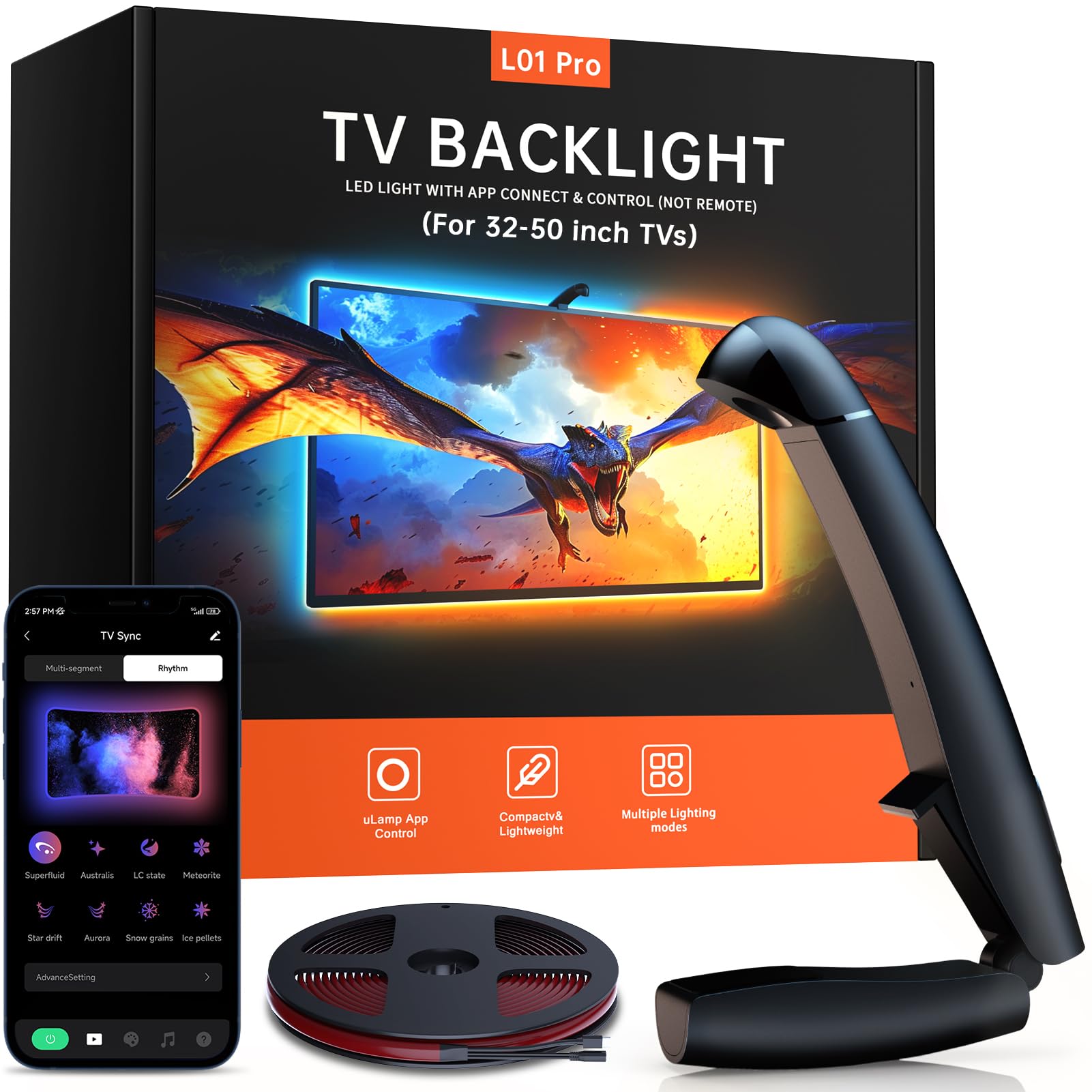 FFJ TV LED Backlight, 11.5ft Cuttable Lights for 32-50 Inch TV, Multicolor, Smart App Control, Model L01 Pro
