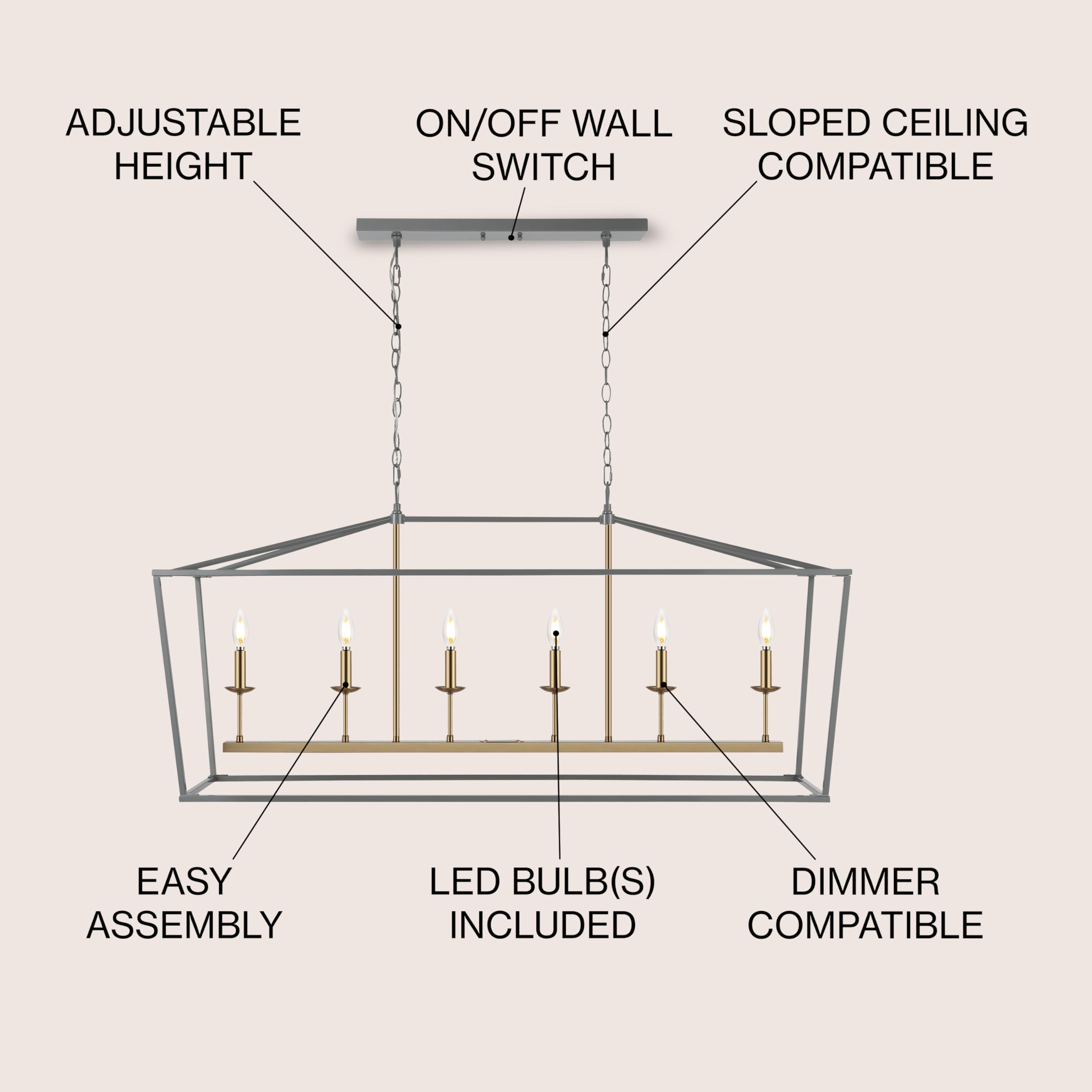JONATHAN Y 49in 6-Light Linear Metal Pendant, Classic Traditional Design, Gray/Brass Gold, Model JYL7439F