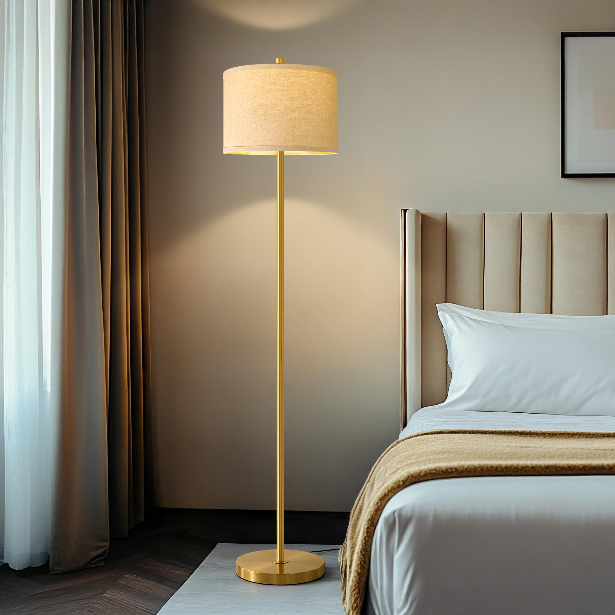 Oneach 61Modern Floor Lamp For Living Room, Gold Standing Lamp With Natural Linen Lampshade, Rustic Industrial Corner Floor Lamp