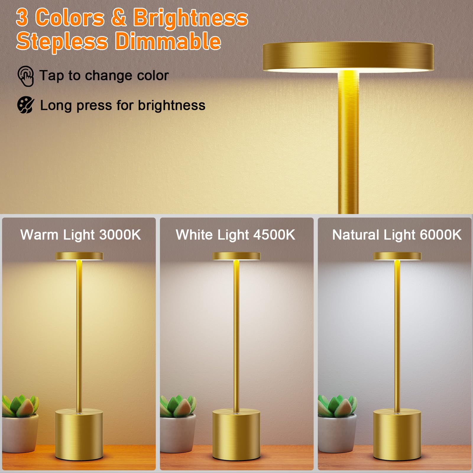 SAKRINGT Cordless Table Lamps - 6000mAh Rechargeable LED Light, 2 Pack Gold, Aluminum, Model S801