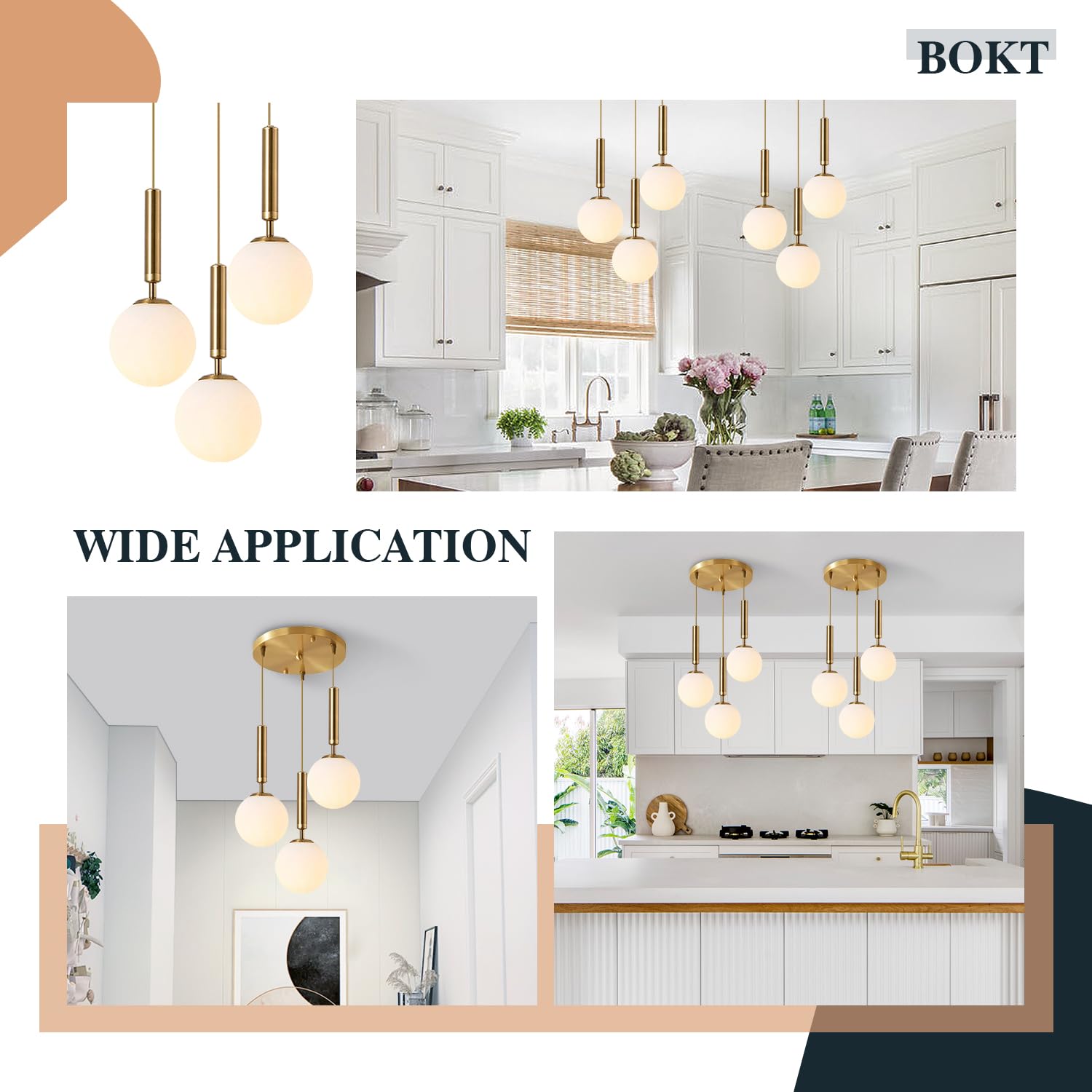 Bokt Modern 3 Light Cluster Pendant Lights Kitchen Island Mid Century Adjustable Brushed Gold Globe Chandelier Pendant Light Fix