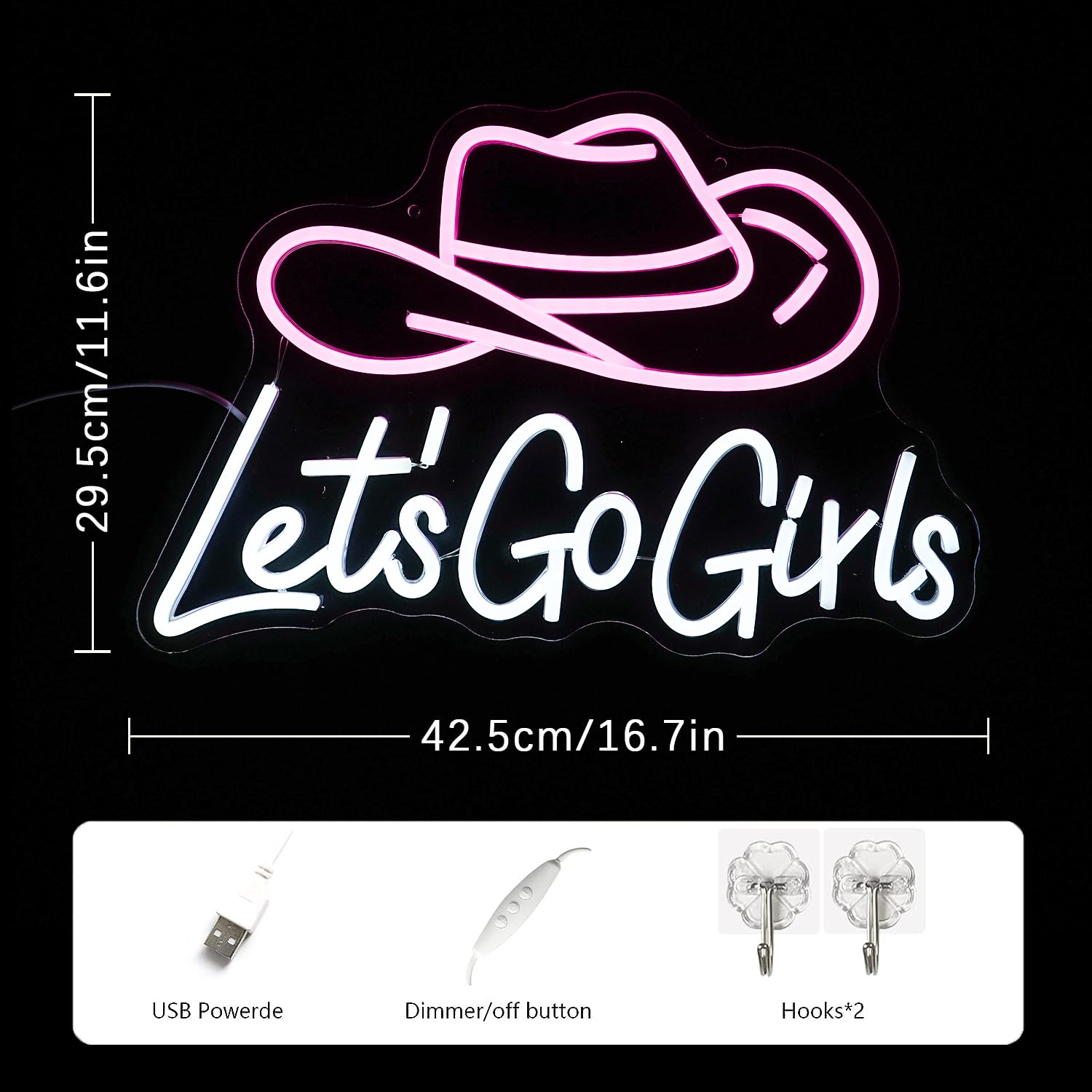 LMSIGNLY Neon Sign - Lets Go Girls Cowboy Hat LED Light, Dimmable, USB Powered, Pink & White for Wall Decor