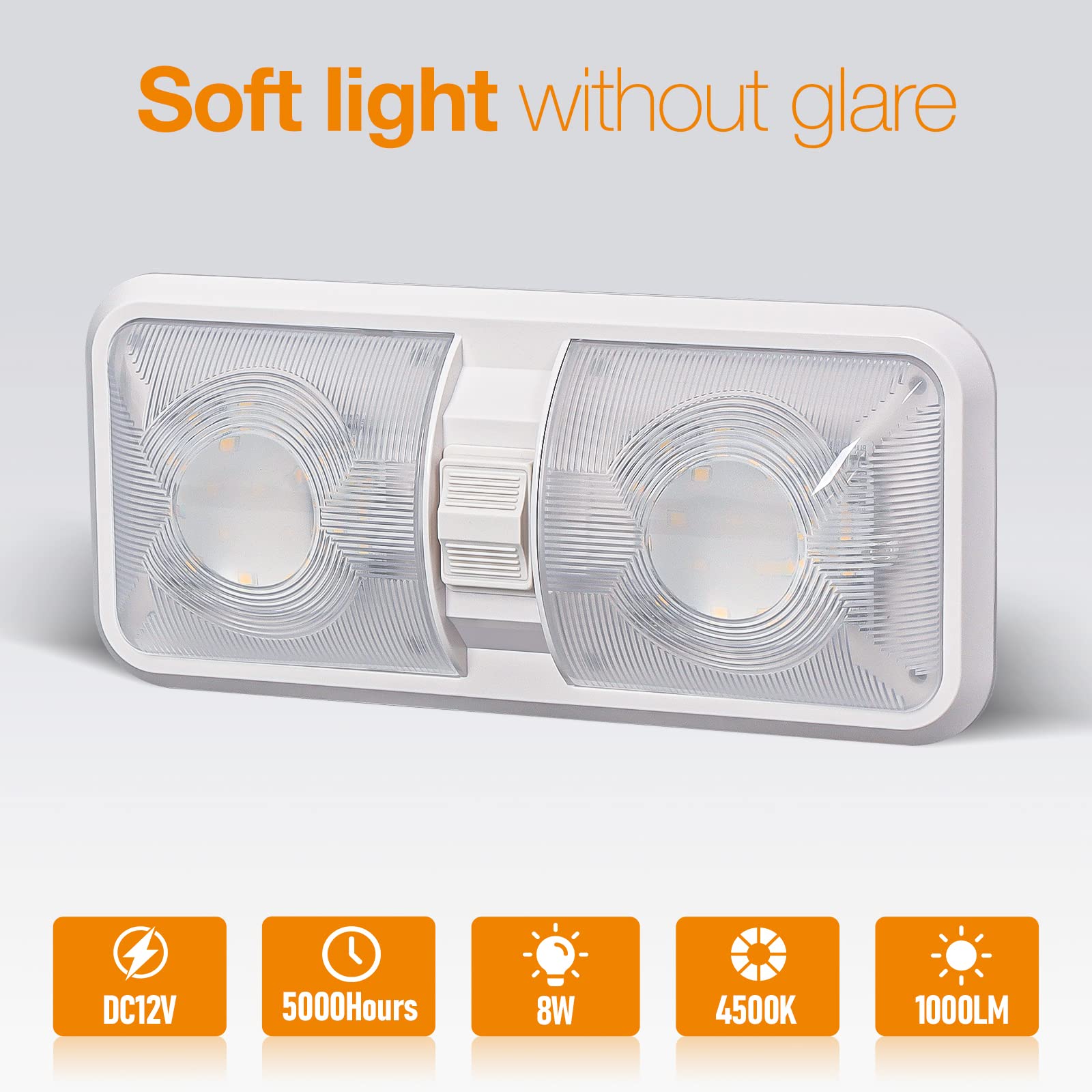Aaleds 12V LED RV Interior Lights, 1000LM, 8W Ceiling Dome Light with Switch, Natural White, 2Pack for RV/Camper/Trailer/Boat/