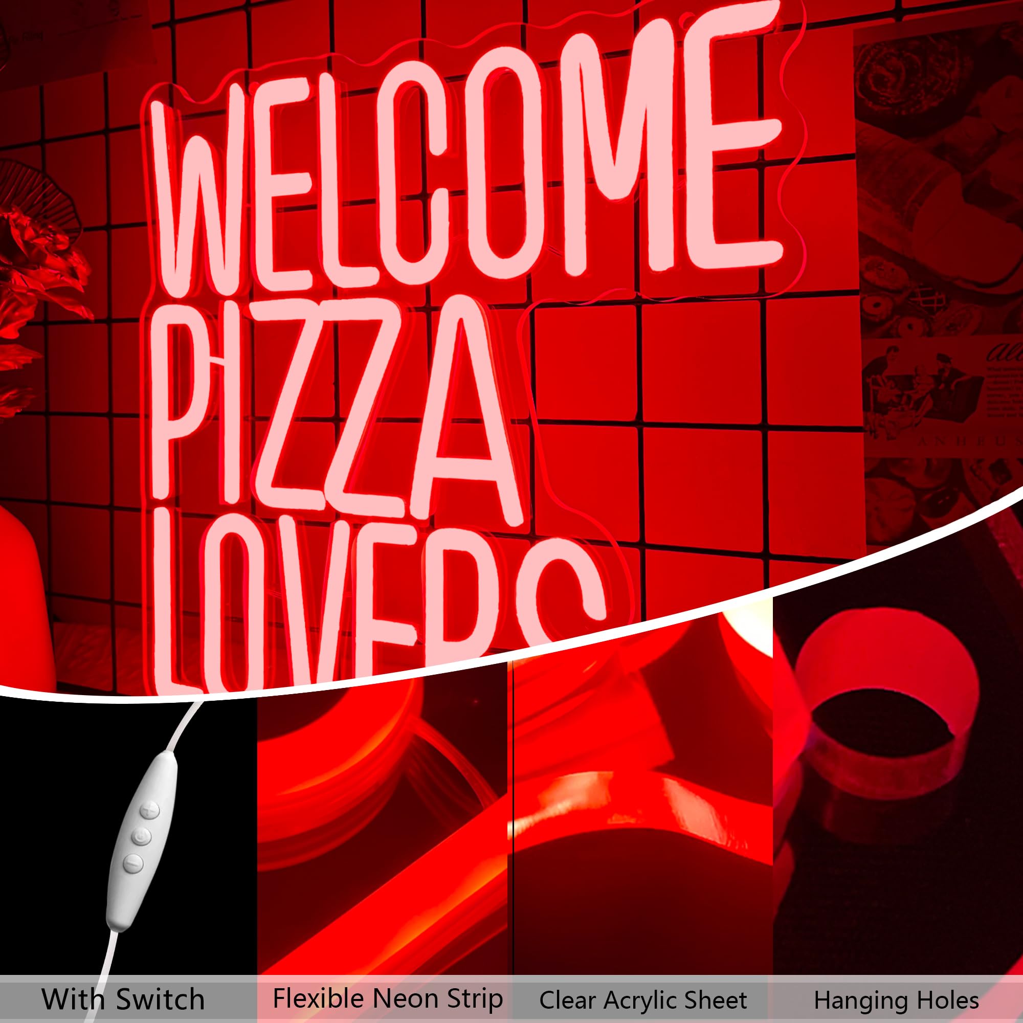 Welcome Pizza Lovers Neon Light  Red Dimmable Led Personalized Pizza Lovers Neon Sign  Family Restaurant Entertainment Room Food Theme Party Wall Neon Sign Decor Holiday Gift For Pizza Lovers  Children  Family (12.9*12.5In)