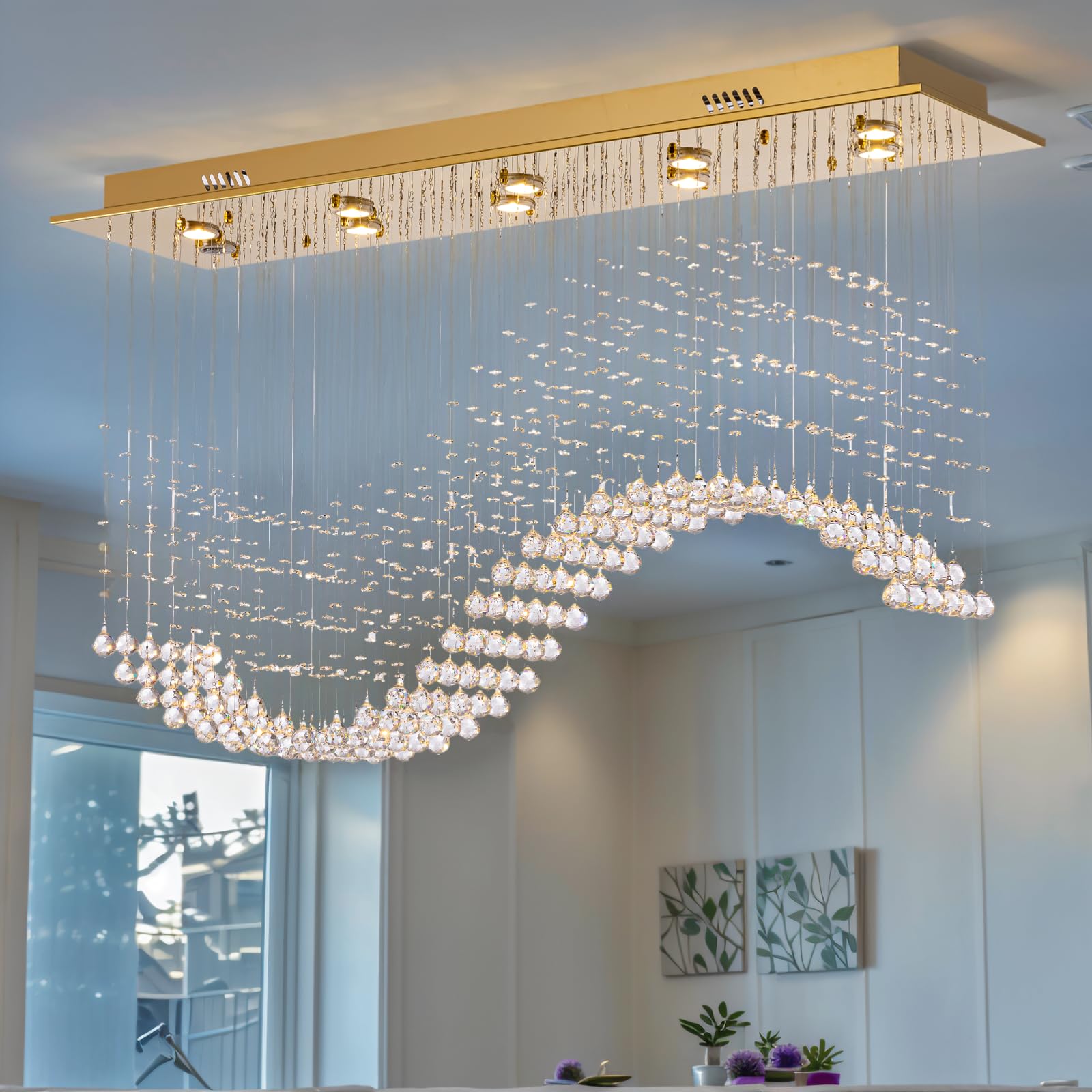 Siljoy Modern Crystal Chandelier 10-Light Rectangular Gold Wave Raindrop Pendant Flush Mount Ceiling Light For Dining Room Livin