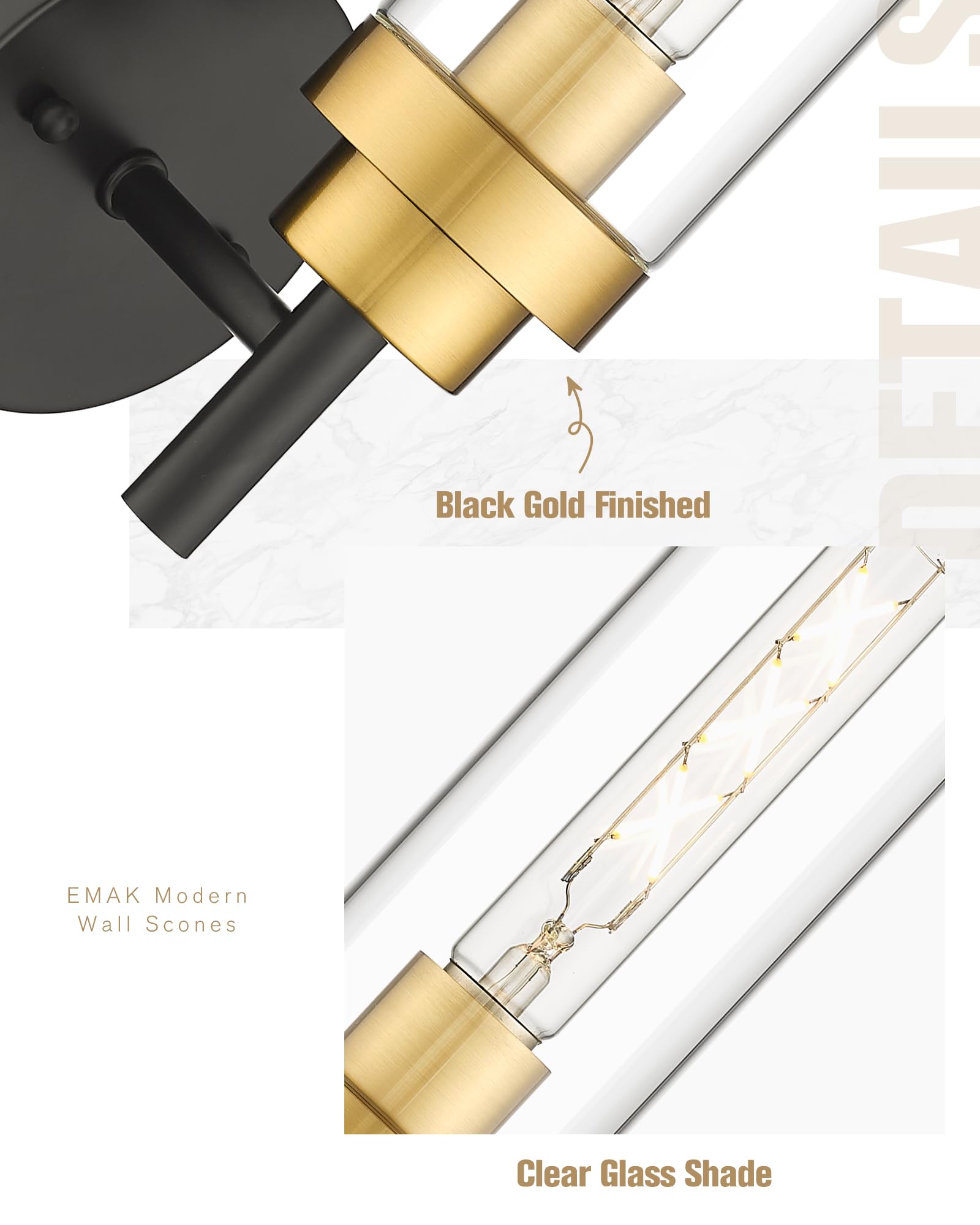 Emak Black And Gold Sconces Wall Lighting, Modern Vanity Lights With Clear Glass Shade, Wall Sconce For Bathroom, Bedroom, Livin