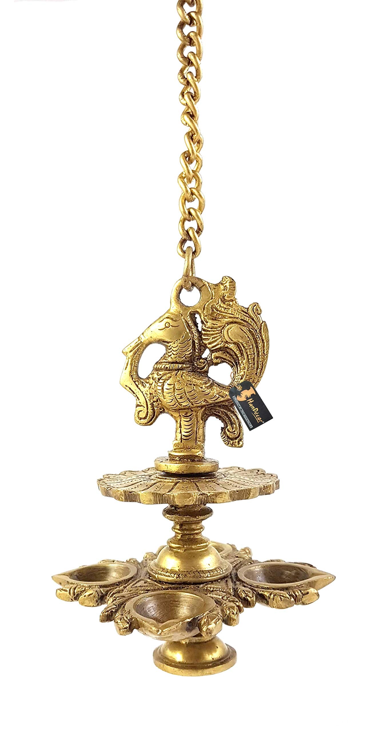Two Moustaches Handmade Peacock Design 4 Oil Wick Brass Hanging Diya for Home Decor, Temple Decor, Diya for Puja, House Warming