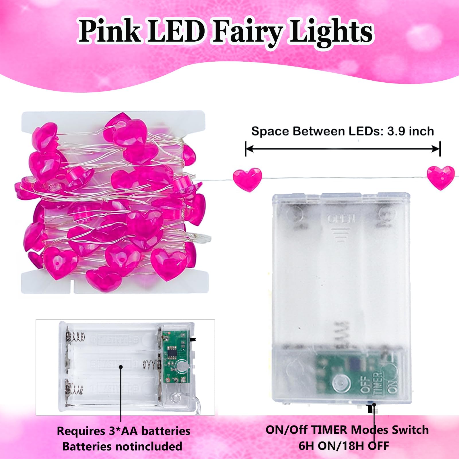 10FT Pink Heart Fairy Lights Battery Operated with Timer for Christmas Decoration, LED String Lights Indoor Outdoor Waterproof T