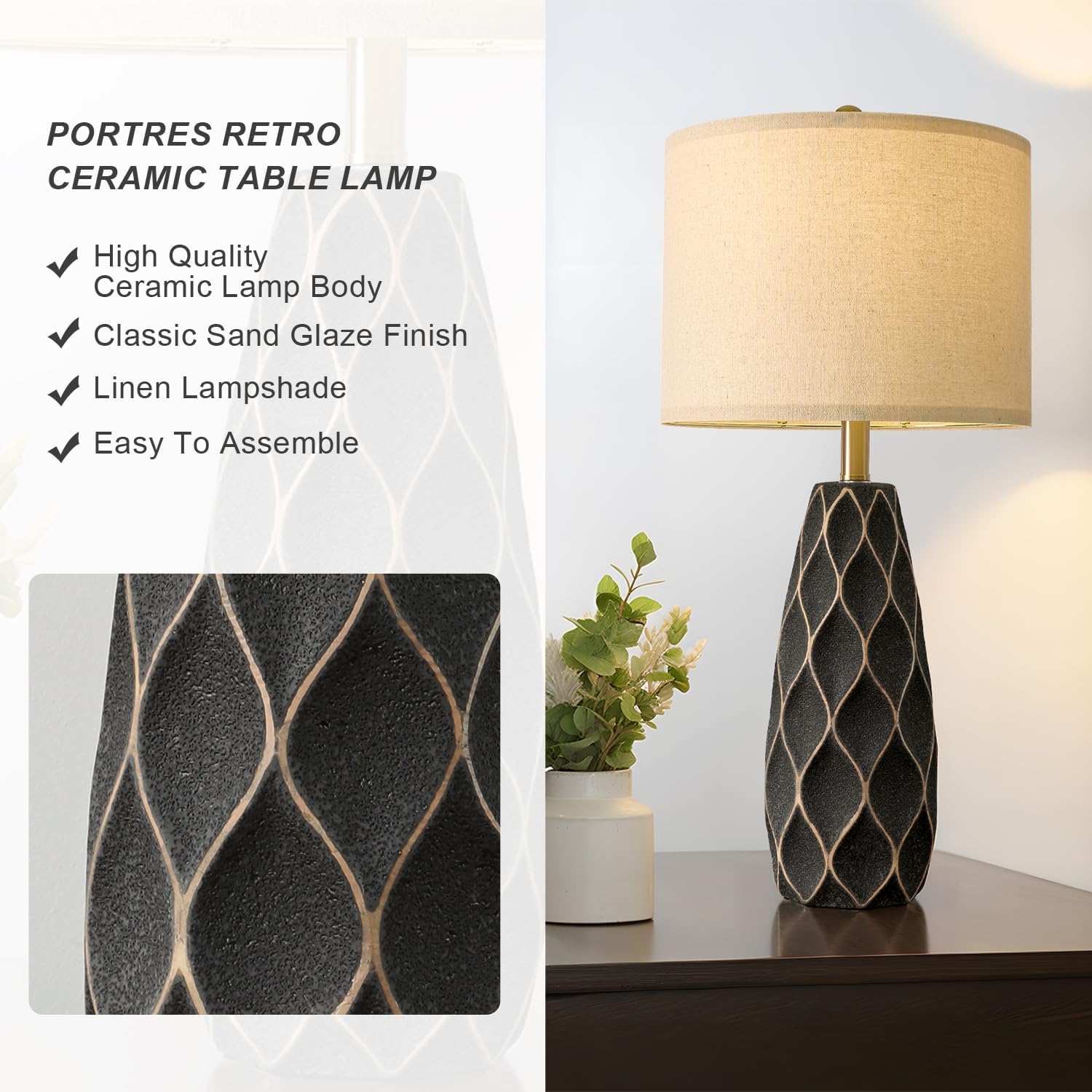 Portres 27.5 Ceramic Table Lamps For Bedroom Living Room Lamps Set Of 2 Modern Bedside Nightstand Lamp Farmhouse Vintage Rustic Boho Retro Large Table Lamps Light Home Office Desk Deco Gifts  Black