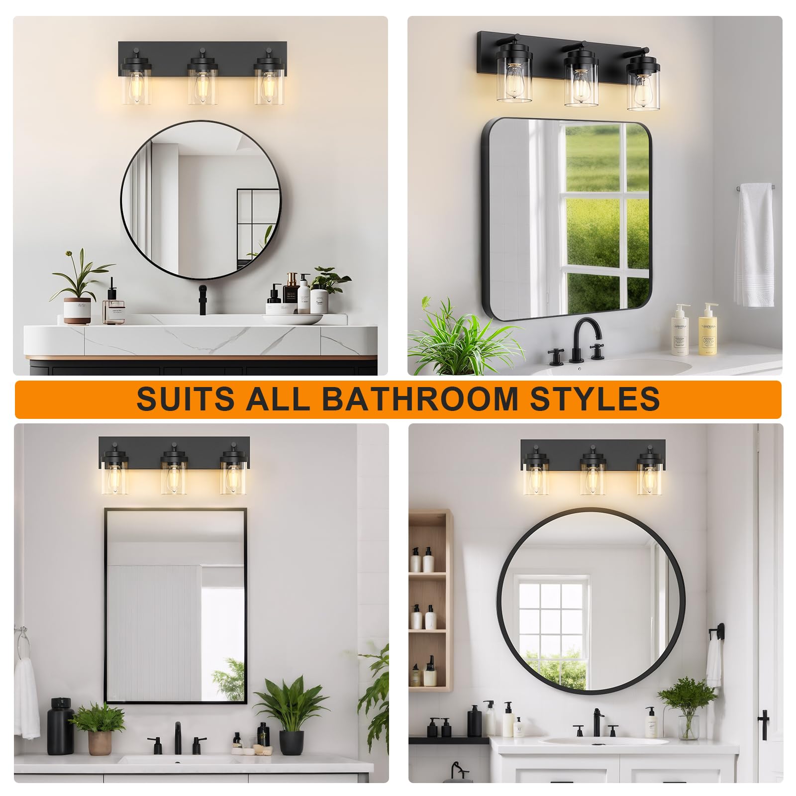 IZORRO 3-Light Bathroom Vanity Light Fixture, Matte Black with Clear Glass Shade, Model HL101, Modern Farmhouse Design