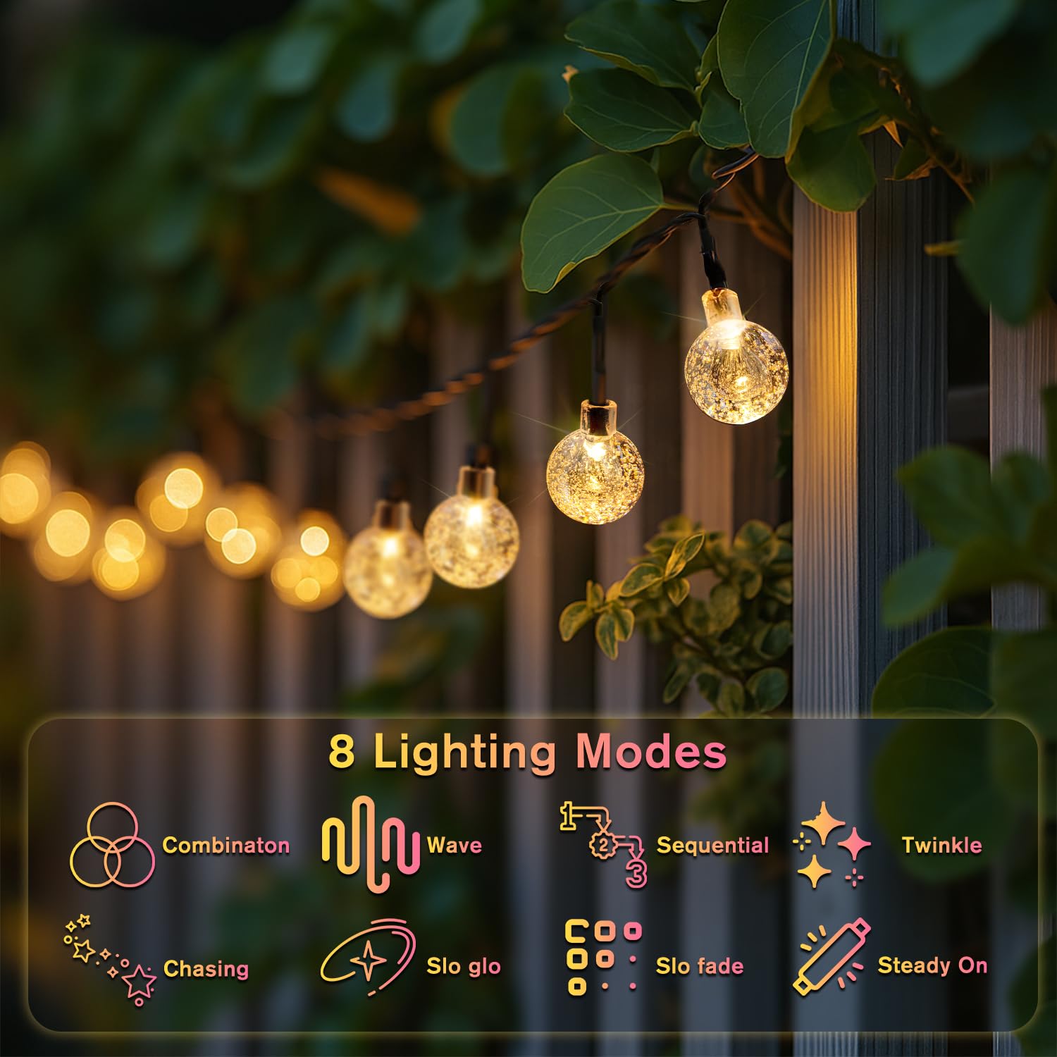 Metaku Solar String Lights, 20FT 30 LED Warm White Crystal Globe, Outdoor Patio Lights, 8 Lighting Modes, Plastic