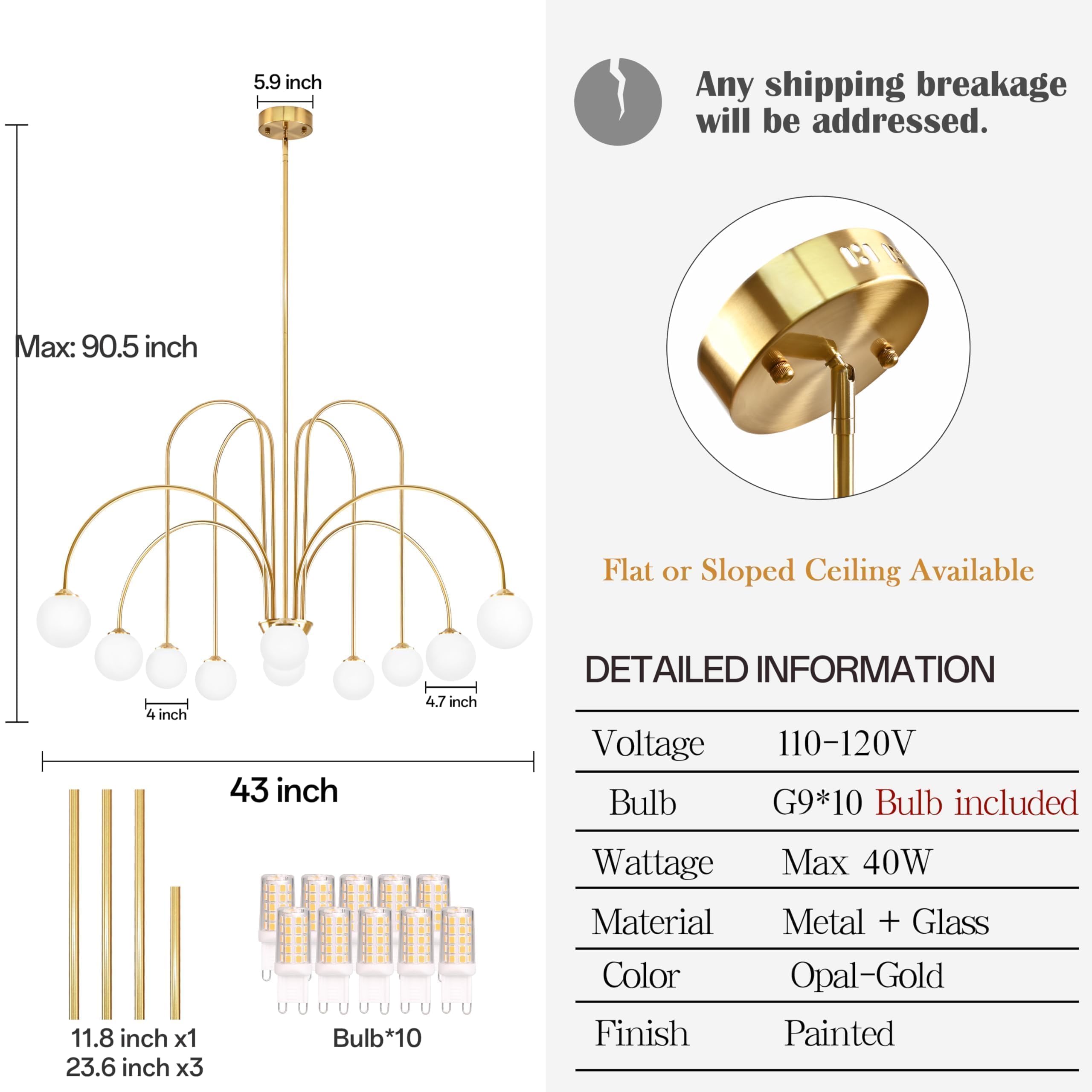 Bagood 10-Light Modern Sputnik Chandelier, 43" Opal Gold Globe Pendant Light, Metal, Model DGQ-U10-NJ, G9 Bulb & Remote Included