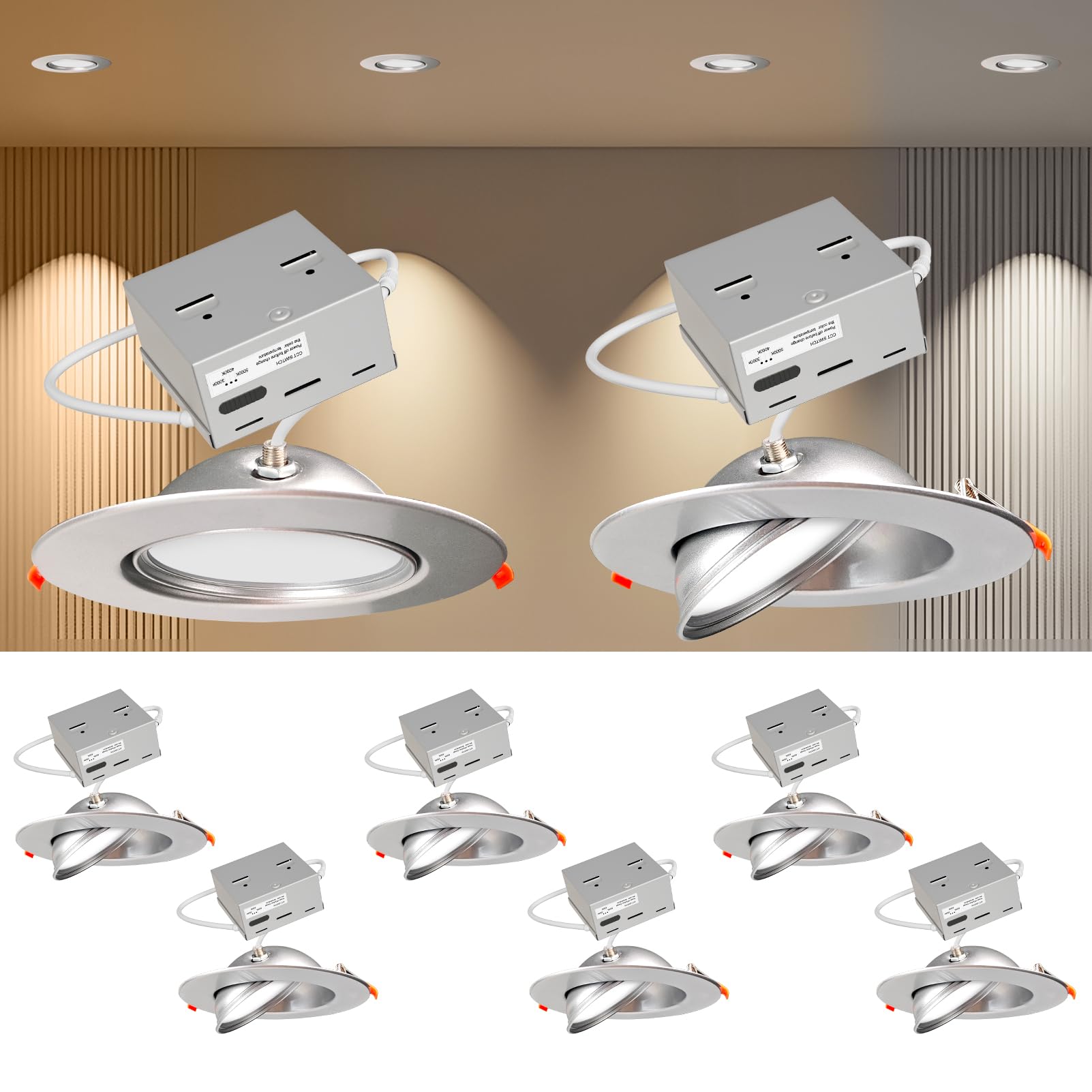 Lightdot 6 Pack 6 Inch Led Gimbal Recessed Lighting  360+90 Adjustable  3Cct Selectable & Dimmable (5%-100%)  1300Lm Ultra Bright Canless Downlight  Etl/Fcc Certified For Living Room/Kitchen-Silver